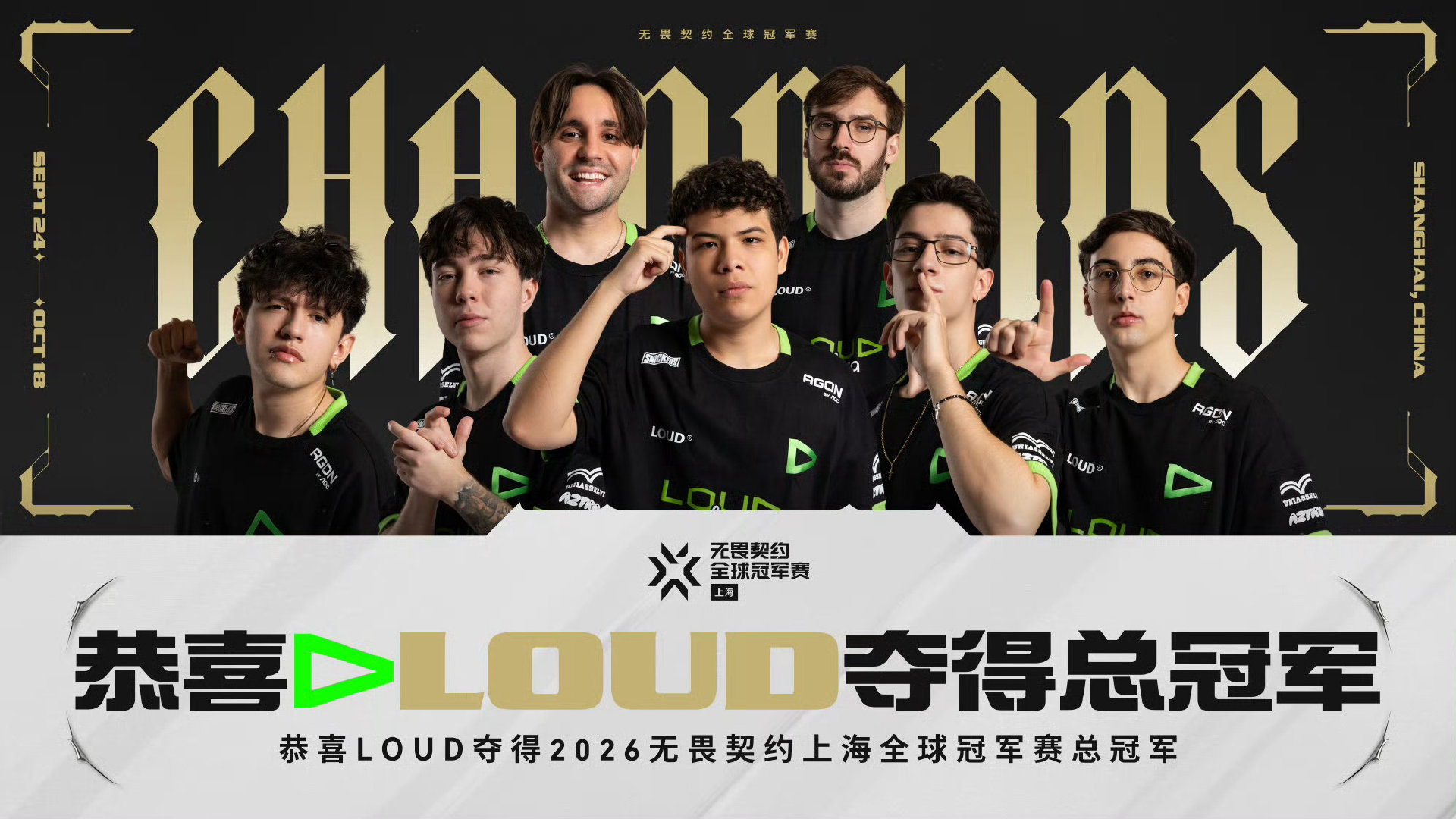 来自巴西的LOUD 3比1 战胜VIT 夺得今年无畏契约上海冠军赛的冠军！
这支队伍也是一直青春风暴，很多选手三个月前还在次级打比赛，平均年龄才19岁。
另一边VIT的选手Chronicle连续两年亚了。
恭喜LOUD，恭喜巴西电竞！
#LOUD战胜VIT夺冠# ​