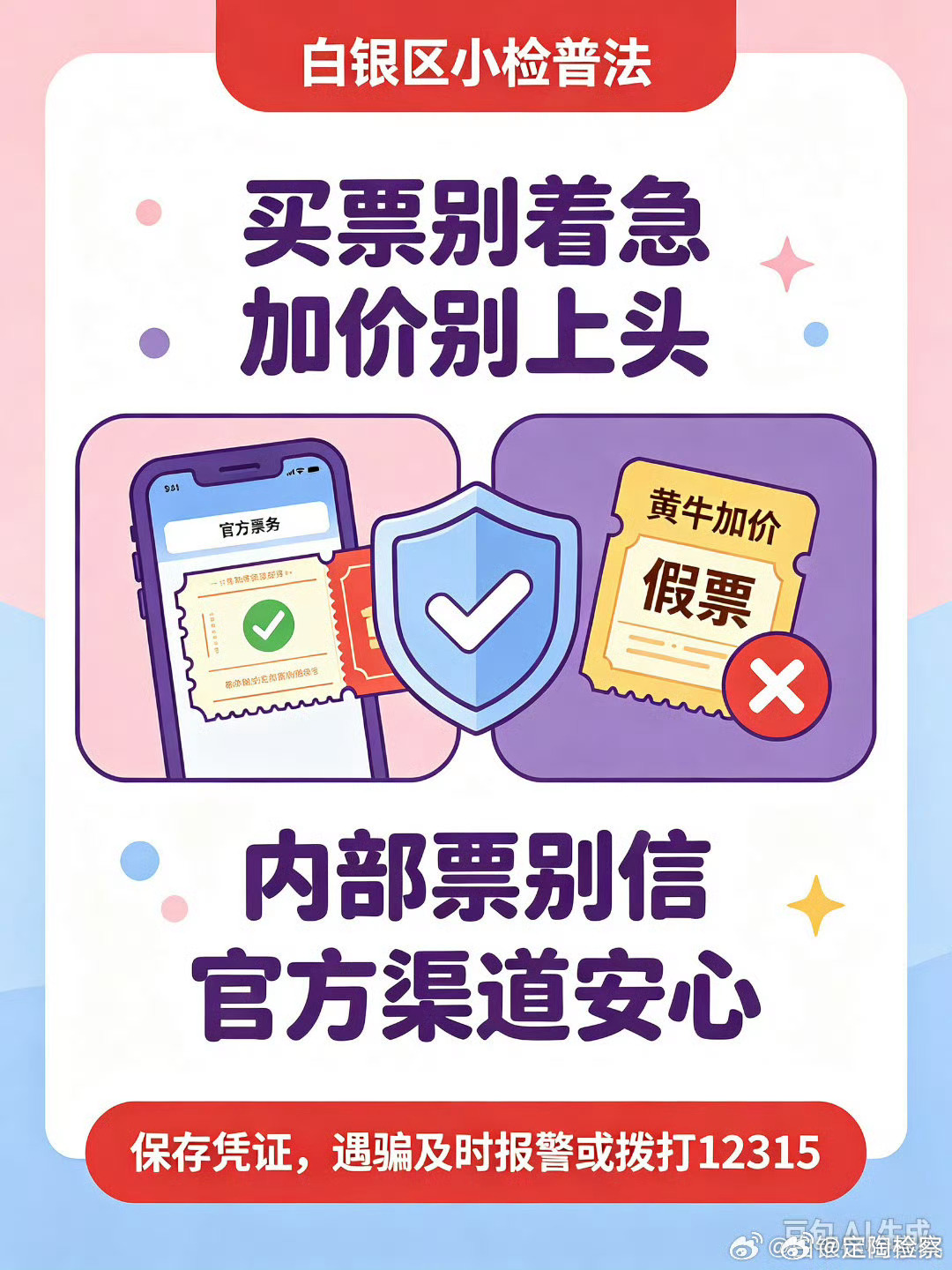 #定检提醒# ：高价囤积、倒卖演唱会门票属于违法行为。黄牛加价数十倍售卖演出票，扰乱演出市场秩序，可依法予以拘留、罚款。私下向黄牛高价购票，交易不受法律保护，极易遭遇假票被骗钱财。#曝黄牛25w出肖战第一排# 购票请认准官方票务渠道，不要轻信高价内部票，保存聊天、支付凭证，遇到票务诈骗及 ​
