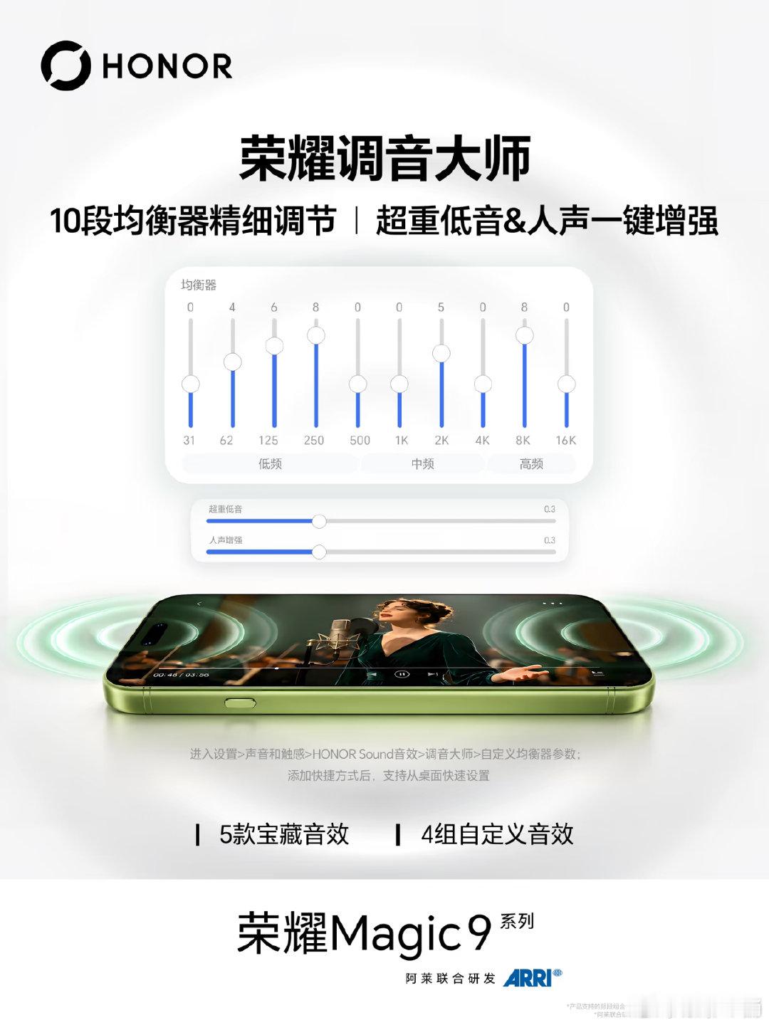 10段均衡器精细调节，低音&人声一键增强，双1216对称扬声器，0.88mm超大振幅。把每一个音符，每一道声线，都用最悦耳的方式呈现。#荣耀magic9系列##荣耀magic9系列开售# ​