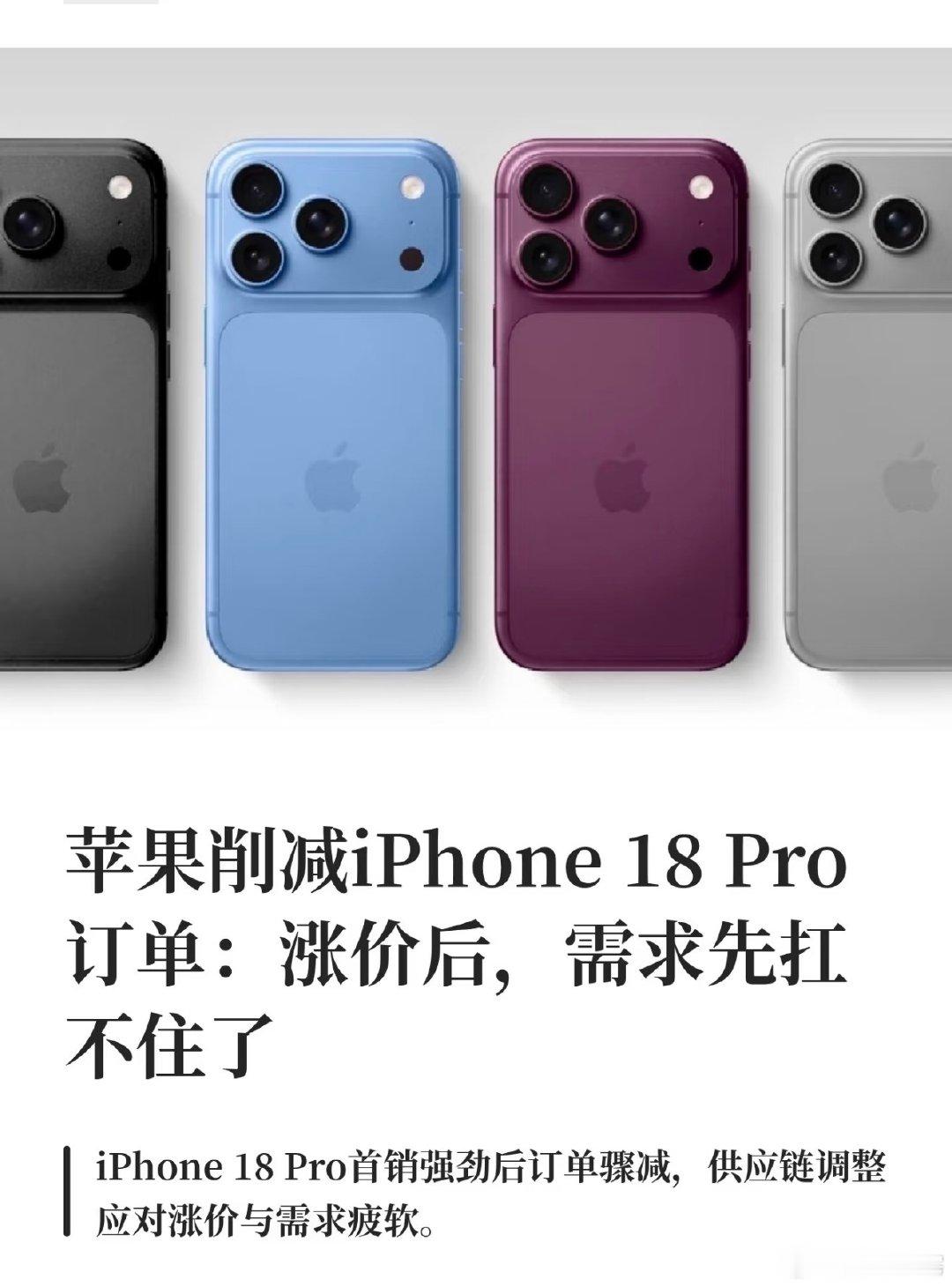苹果削减iPhone18Pro订单，iPhone18Pro卖不动了？首销的成绩还是不错的，第二个月差强人意了，比起去年iPhone 17 Pro销量成绩那更是完全比不了了。

不过苹果只是生产端的调整，不等于产品会降价，大家也有可能在等明年iPhone 20换周年新款，比如说我[收到] ​