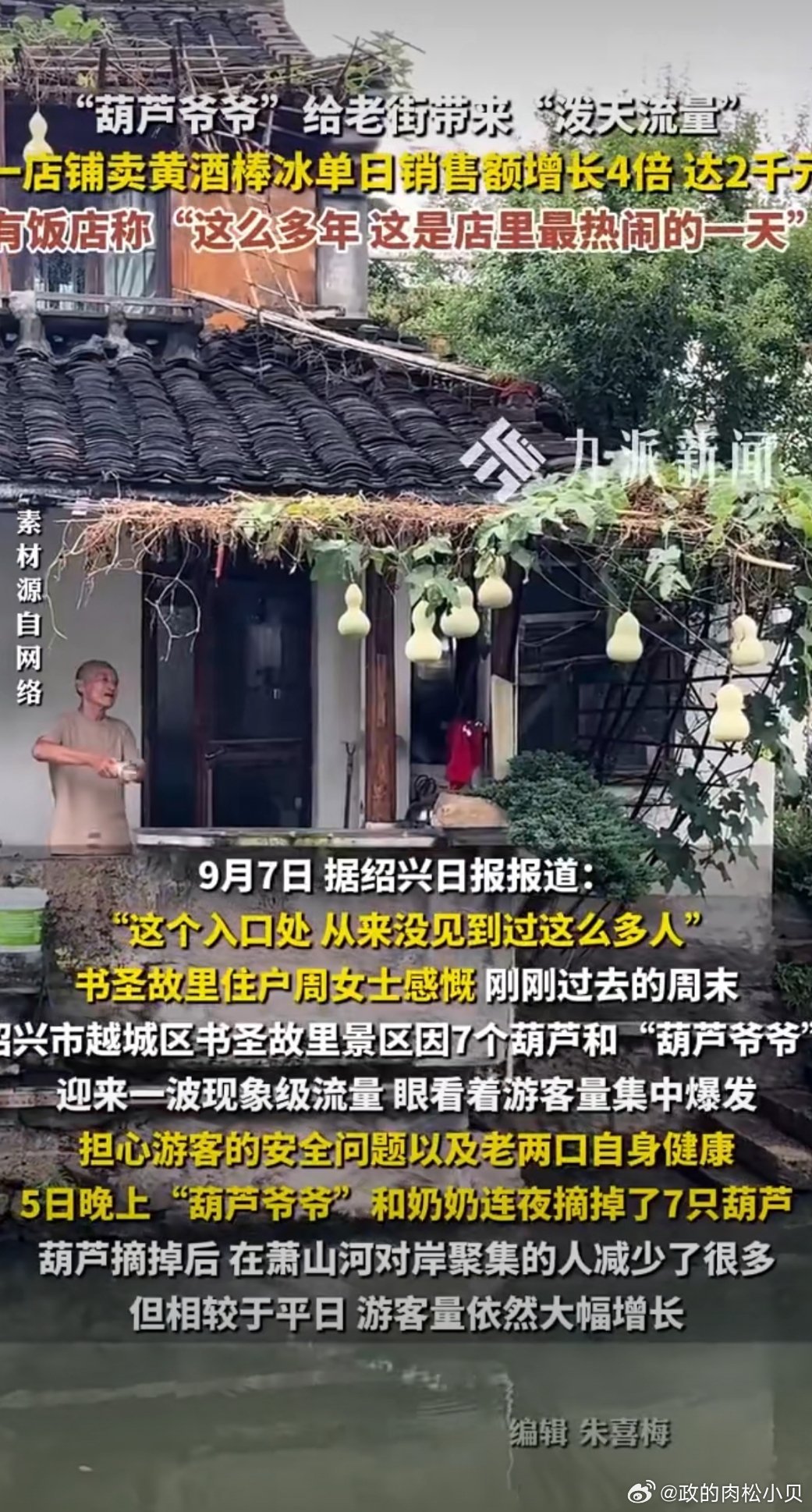 #葫芦爷爷走红销售额涨4倍店主发声#
      绍兴书圣故里，普通老人阳台的七个葫芦意外爆火，泼天流量涌向这条僻静老街。
      流量为商户带来实实在在的收益，可喧嚣却严重打扰到葫芦爷爷的日常生活。络绎不绝的打卡人群、直播围观，老人不堪其扰，连夜剪下全部葫芦，拒绝商业化，再多钱也不会售卖葫 ​
