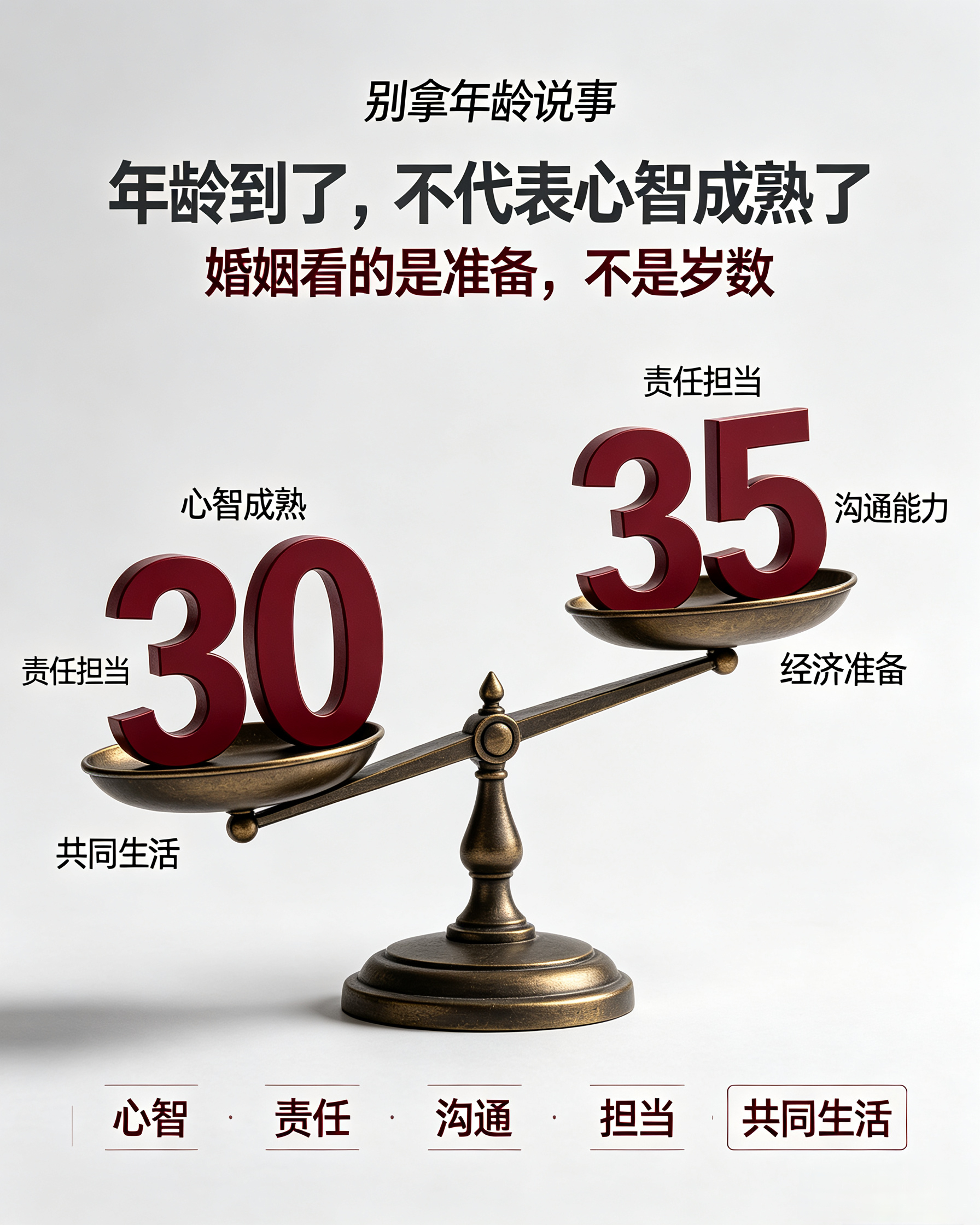 婚姻不是年龄到了就该结清醒婚恋观  我一直觉得，婚姻最可怕的不是晚婚，也不是不婚，而是明明没准备好，却因为年龄到了，就稀里糊涂结了。年龄这个东西，只能说明你活了多少年，不能说明你适合不适合结婚。到了某个年纪，别人会开始催：该稳定了，该成家了，别挑了，再晚就来不及了。但他们不会告诉你，婚姻里的柴米油盐、三观磨合、家庭关系、经济压力、责任分担，哪一样都比“年龄到了”复杂得多。婚姻不是到点打卡，不是完成任务，也不是别人眼里的“正常人生”。它是两个人决定一起面对生活，是在情绪、金钱、沟通、责任和未来都愿意共同承担的前提下，才进入的关系。如果这些都不成熟，仅仅因为“差不多了”就结婚，那不是稳定，是冒险。现实里，太多不幸不是因为嫁得晚，而是因为结得太急；不是因为单身太久，而是因为为了结婚而结婚。所以我想说：别把年龄当结婚理由。一个人到了适婚年龄，不代表心智成熟了；周围人都结婚了，不代表你也该结婚；大家都说“该定了”，也不代表这就是对的。真正该进入婚姻的人，不是因为年纪刚好，而是因为：两个人有能...