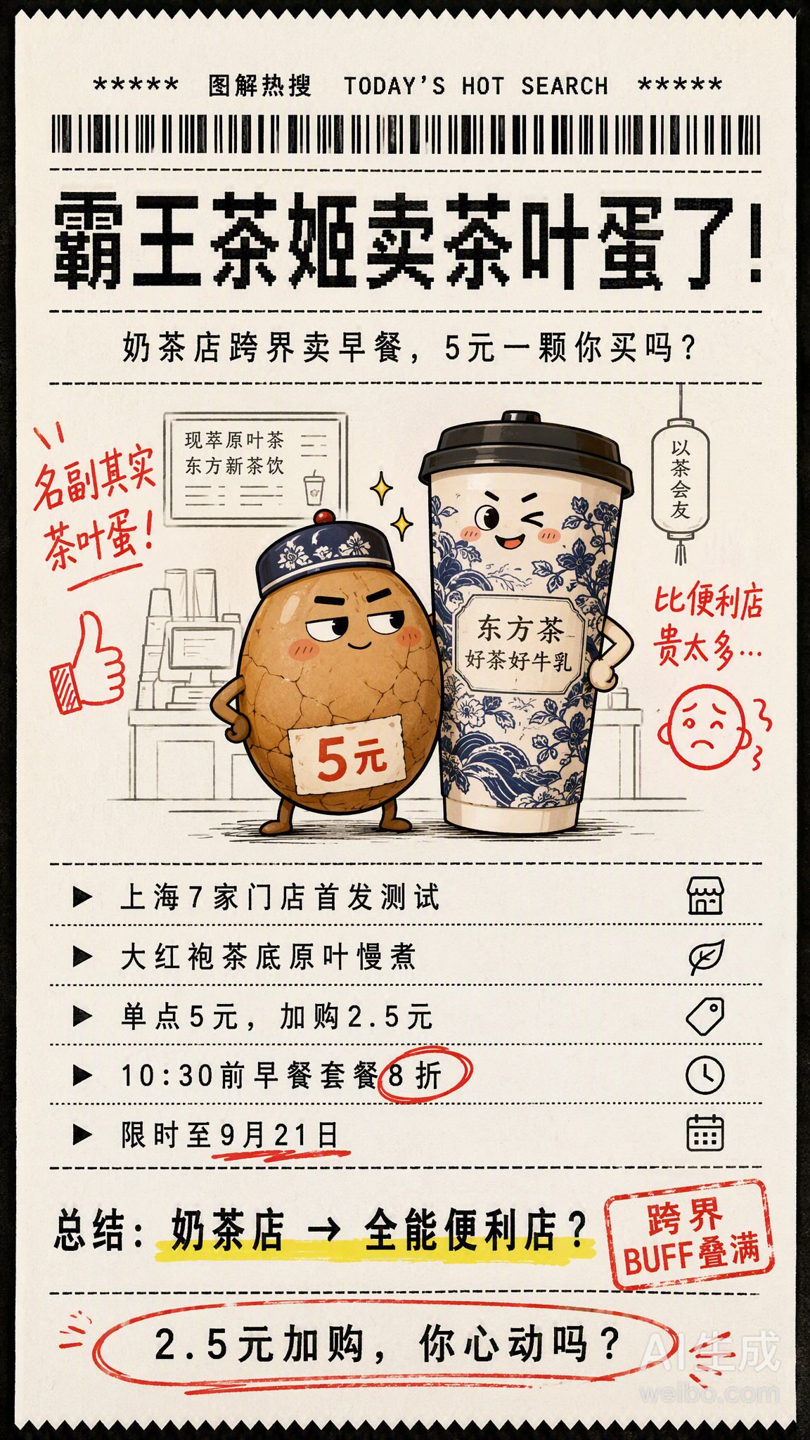 #霸王茶姬开始卖茶叶蛋# 奶茶店卖茶叶蛋，这事儿真发生了。

9月7日，霸王茶姬在上海7家门店上线了一款“白雾红尘茶叶蛋”，用的是自家爆款茶饮同款大红袍茶底，原叶慢煮。价格嘛——单点5元一颗，买正价饮品加购只要2.5元，10:30前买早餐套餐还能打8折。

几个值得关注的点：
· 目前只在上海7家门店测 ​