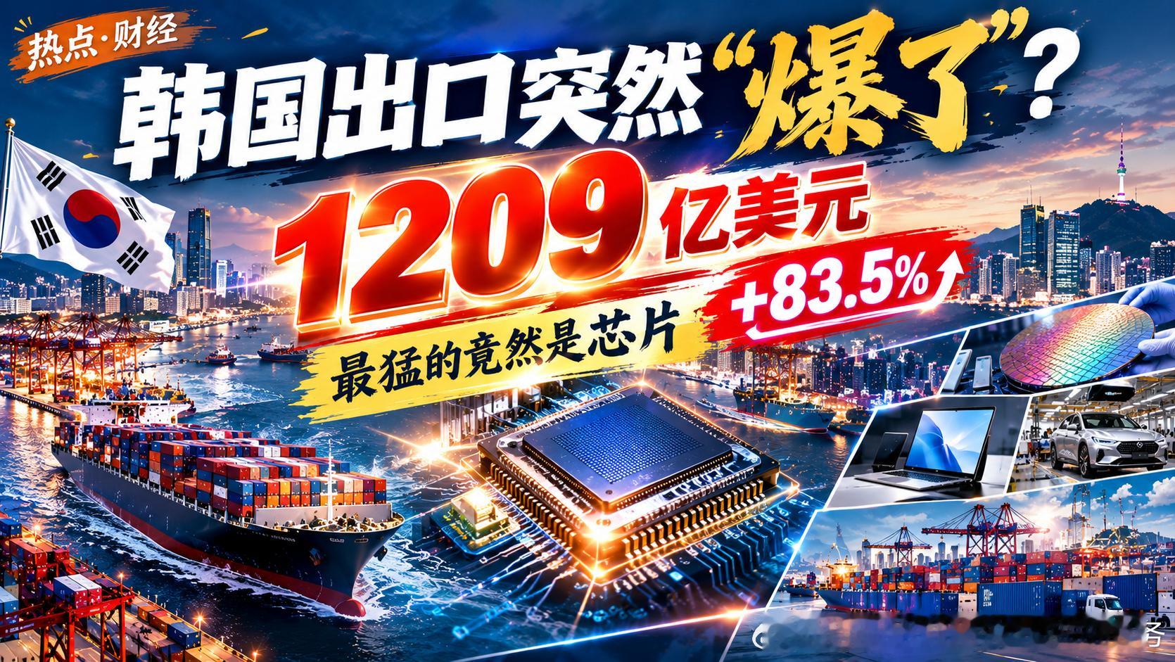韩国9月出口突然“爆了”……

而且最离谱的还不是第一名。

9月韩国出口：

💰 1209亿美元

同比：

📈 +83.5%

单月首次突破1200亿美元！

前9个月累计：

8145亿美元

已经超过去年全年。

然后看看谁在疯狂刷存在感：

🧠 半导体：603亿美元

同比：

🚀 +262.8%

💻 电脑出口：

+435.3 ​