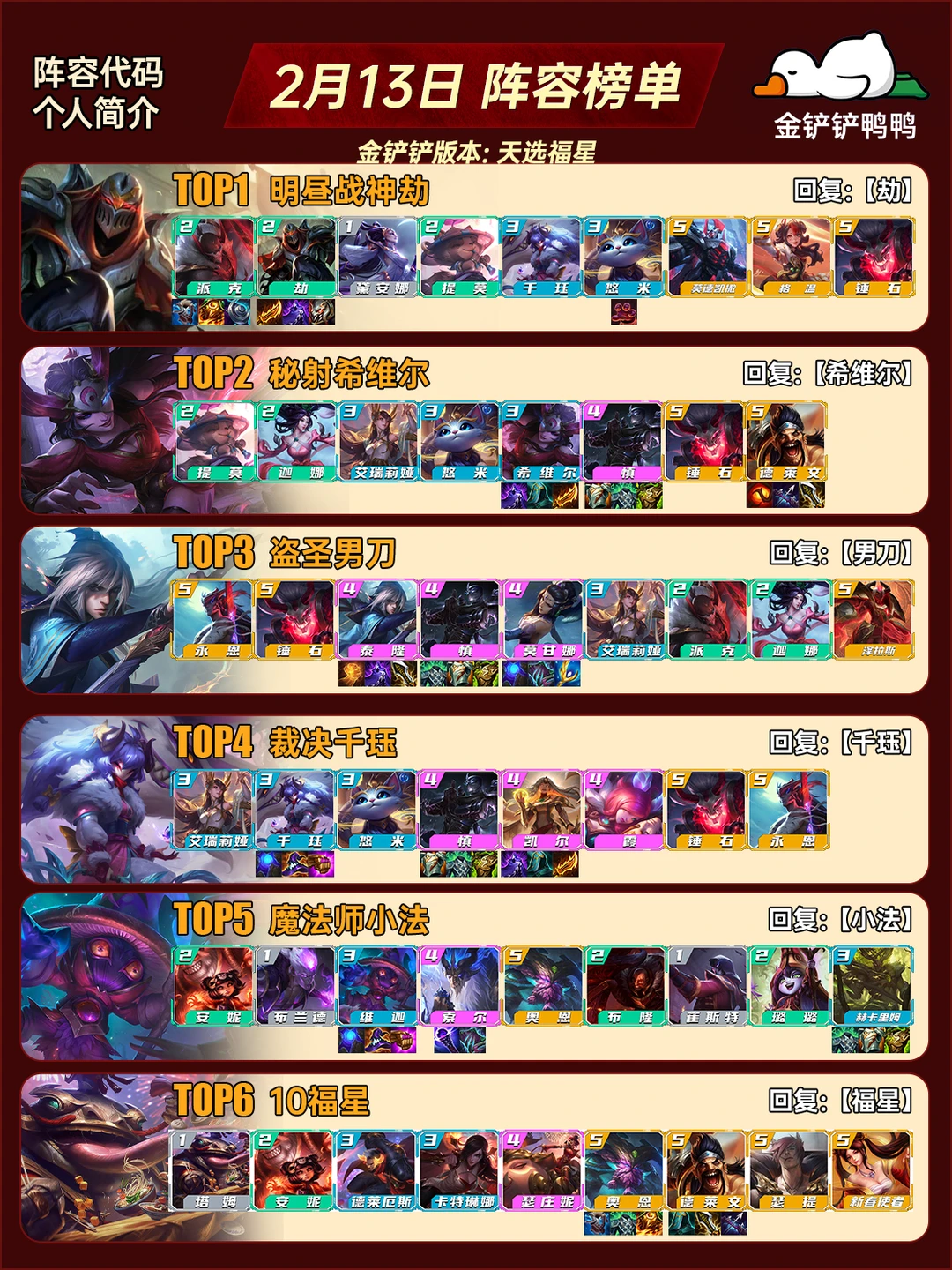福星归来！2月13日 最新阵容推荐