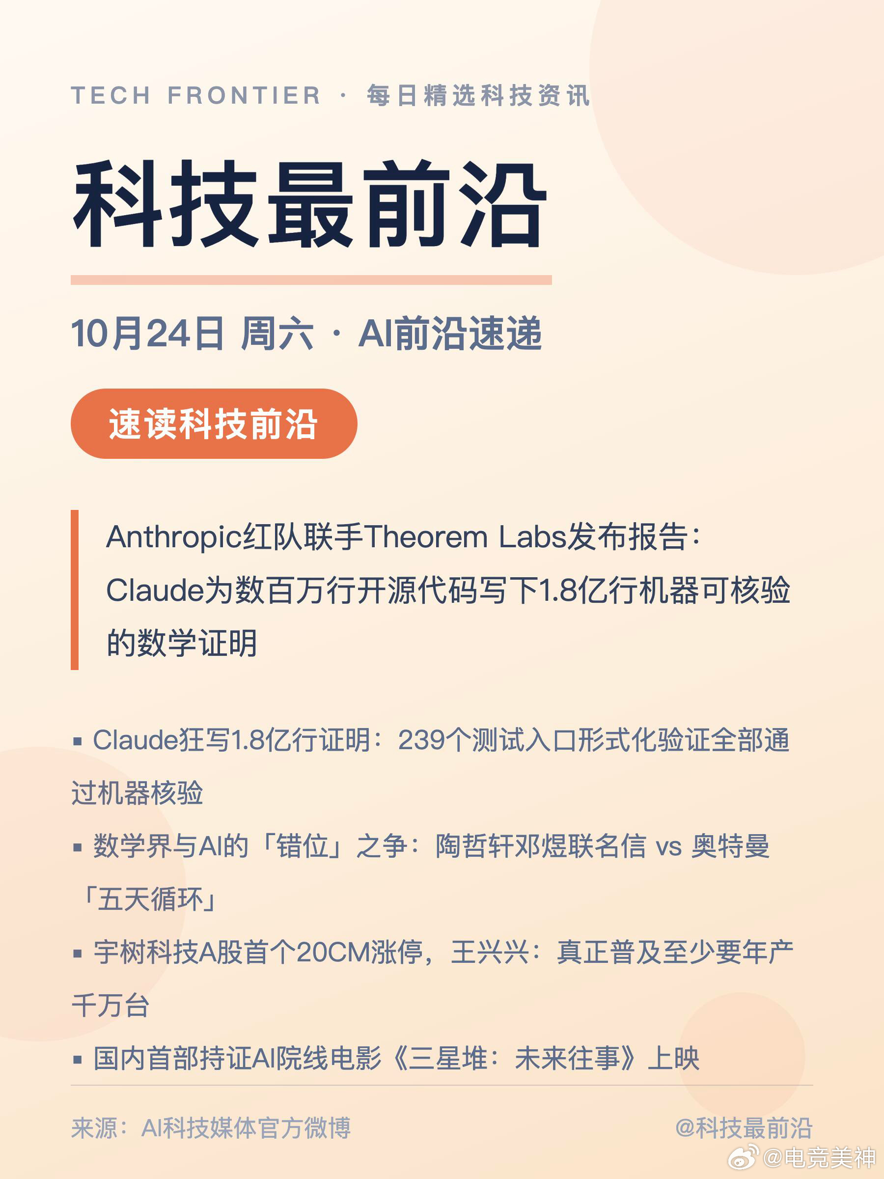 10.24晚AI前沿速递Anthropic红队联手Theorem Labs发布报告：Claude为数百万行开源代码写下1.8亿行机器可核验的数学证明；陶哲轩、邓煜等菲尔兹奖得主联名信痛批AI数学「严重错位」，奥特曼则在斯坦福讲述数学界面对AI的「五天循环」
 
1. Claude狂写1.8亿行证明：239个测试入口形式化验证全部通过机器 ​