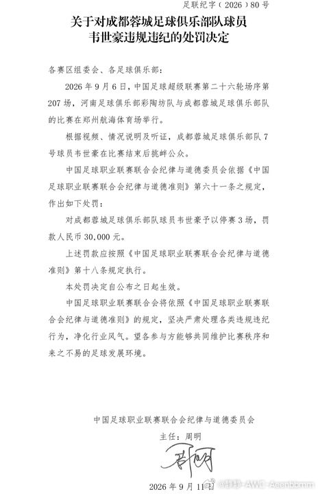 官方处罚落地，韦世豪因赛后挑衅公众，停赛3场、罚款3万。

#中国足球##中超联赛##成都蓉城# ​