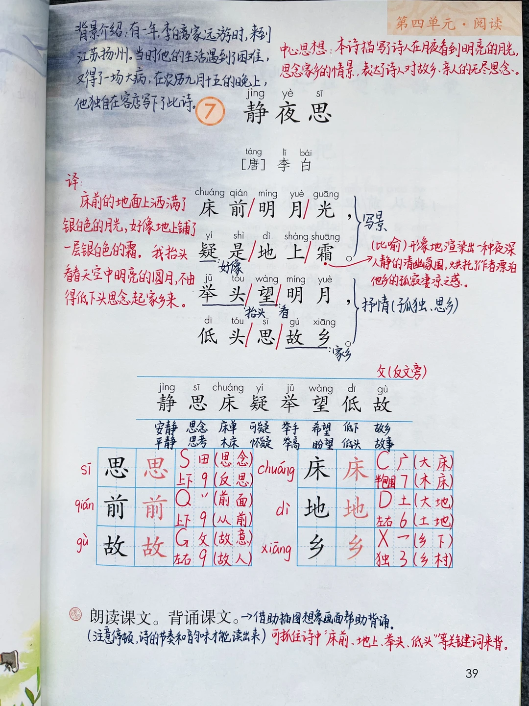 一年级下册语文｜7.《静夜思》课堂笔记及延展