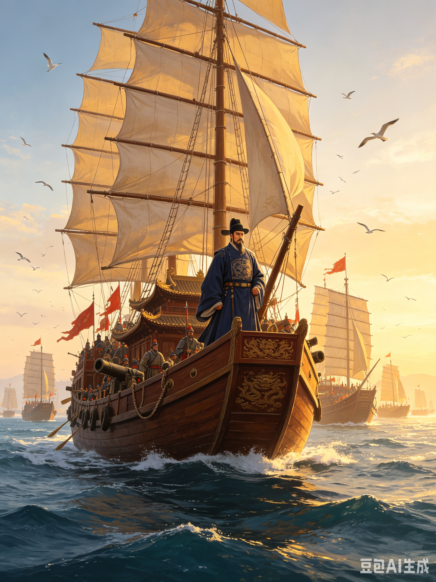 郑和下西洋：大明千帆，威震四海

明朝永乐年间，天下太平，国力鼎盛。
 
明成祖朱棣手握盛世江山，心中藏着一个宏大的心愿：让大明的仁礼与气度，传遍四海万国。
 
于是，他委任一生沉稳坚毅、心怀良善的郑和，开启一场前无古人的海上征程。
 
公元1405年，苏州刘家港，海风浩荡。
 
数百艘巨型宝船整齐