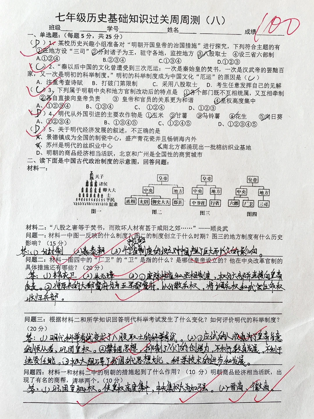 七年级下册历史基础知识小测