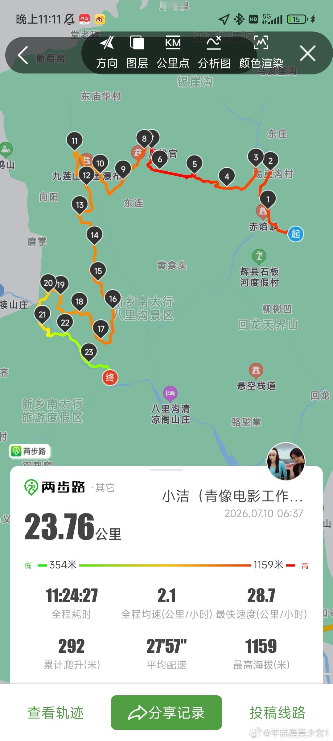 南太行反穿Day2今天累惨喽 脚底板走出了两个水泡 疼的呦张沟走到锡崖...