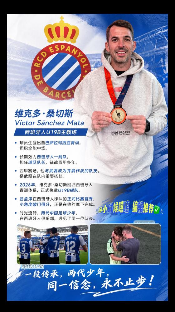 七年前武磊的教练，今天抱着另一个中国小孩亲了额头。
西班牙人U19B联赛首轮，17岁吕孟洋替补登场，58分钟上，83分钟左路假动作内切，左脚小角度直接轰死角，3比1锁胜局。
完事主教练维克多·桑切斯一把搂住他，当众亲了额头。这老头当年就这么抱过武磊。
武磊昨晚熬夜看的直播，撂了句话：打主力没问