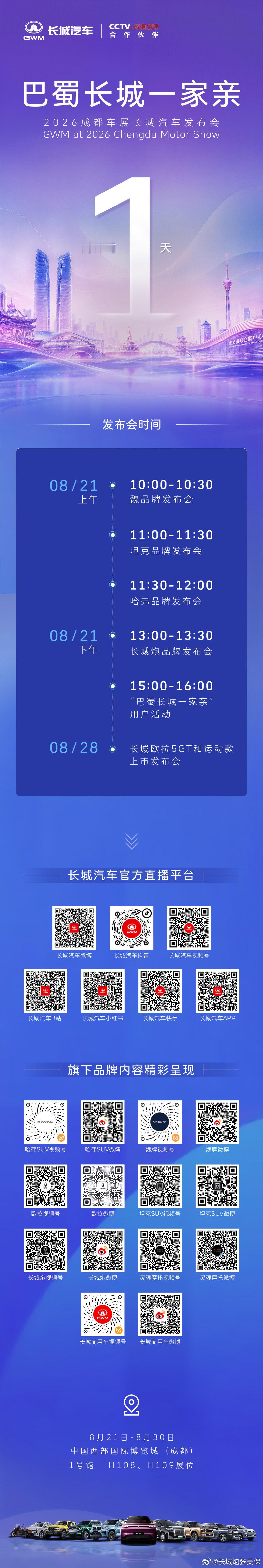 长城汽车2026成都车展直播重磅开启！
8月21日10:00起全品牌轮番发布
更有“巴蜀一家亲”用户活动压轴
多平台同步直播，锁定长城汽车官方矩阵
精彩不断，不见不散！
#长城汽车全矩阵登陆成都车展##巴蜀长城一家亲##长城炮Hi4-T用户生态大会##长城皮卡30年300万用户信赖# ​