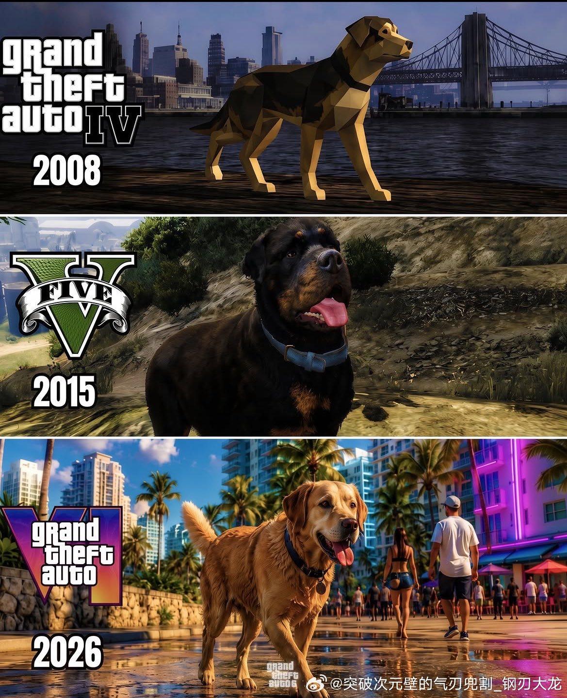 游戏[超话]GTA6GTA6细节gta GTA系列的三作狗狗对比~！这个……应该是真的吧~！？（疑似ai制作的趣味对比~！） ​​​