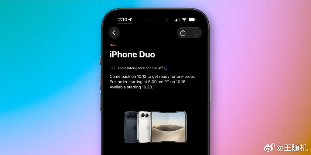苹果首款折叠 iPhone Duo 预购倒计时，美国官网 10 月 12 日开放选配置通道，正式预购依然为 10 月 16 日，正式发货日期为 10 月 23 日。用户完成预购准备流程后，可以缩短预购开启当天的结账时间。 ​