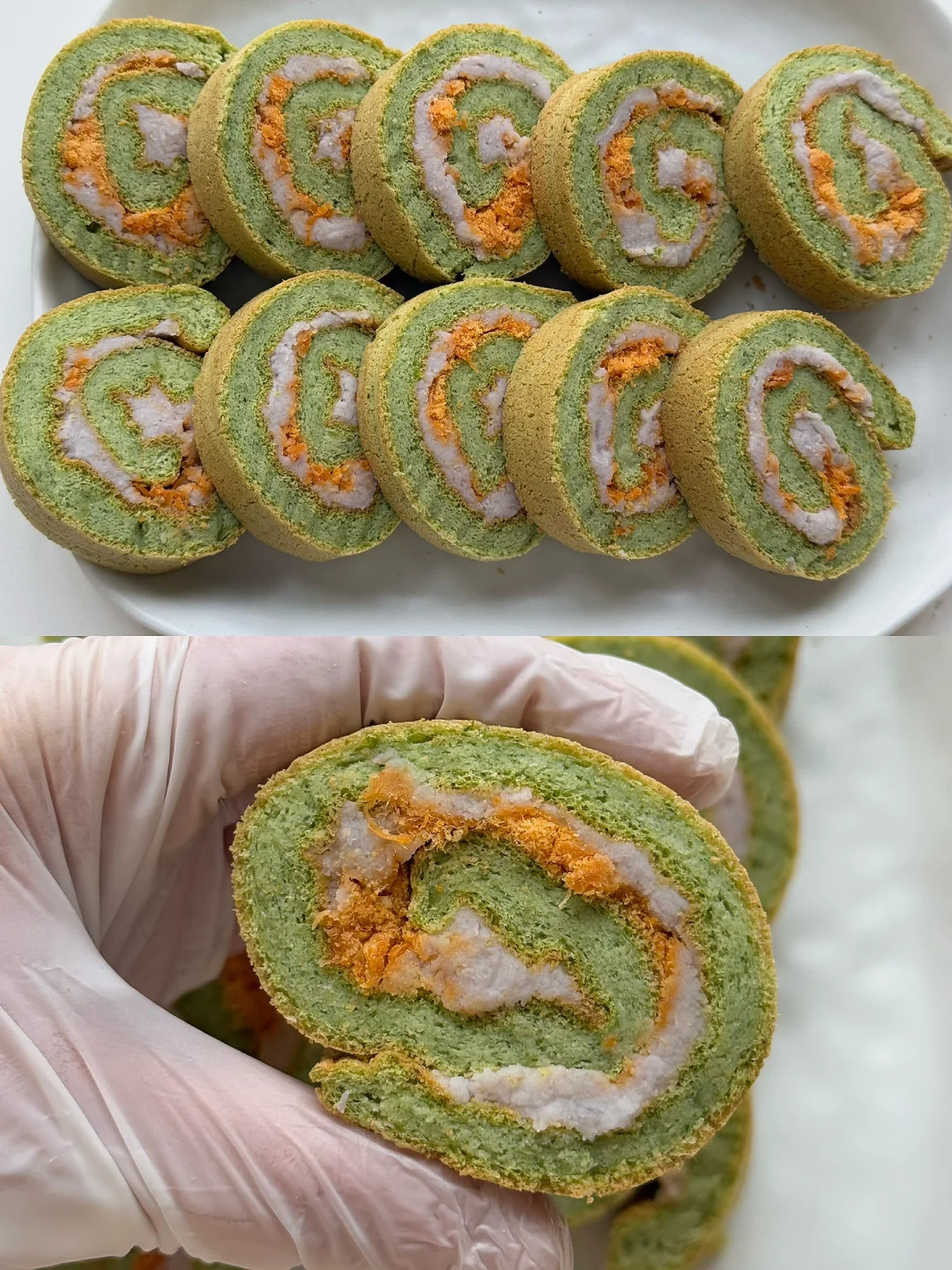 低卡健康菠菜蛋糕卷（内陷：无糖肉松芋泥）