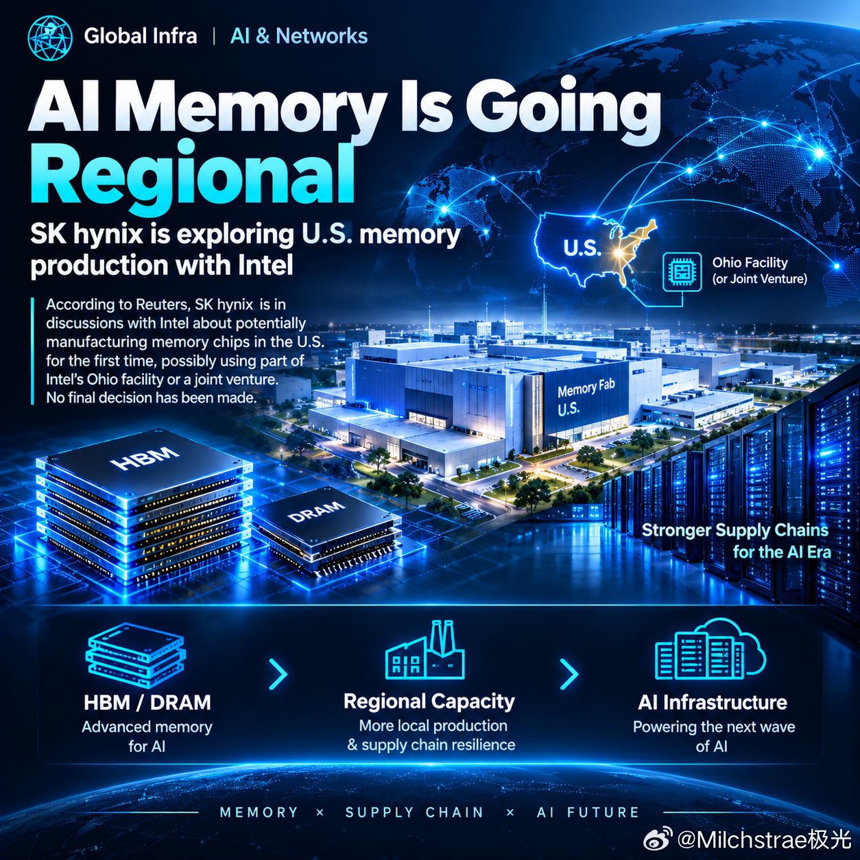 AI Memory正在走向“区域化”。
今天一个值得关注的消息：据Reuters报道，SK hynix正在与Intel讨论在美国生产内存芯片，可能考虑使用Intel俄亥俄州工厂的部分产能，或者与Intel及云厂商成立合资企业。目前仍处于讨论阶段，并没有最终决定。�
Reuters
这个消息有意思的地方，不只是“SK hynix要不要去 ​