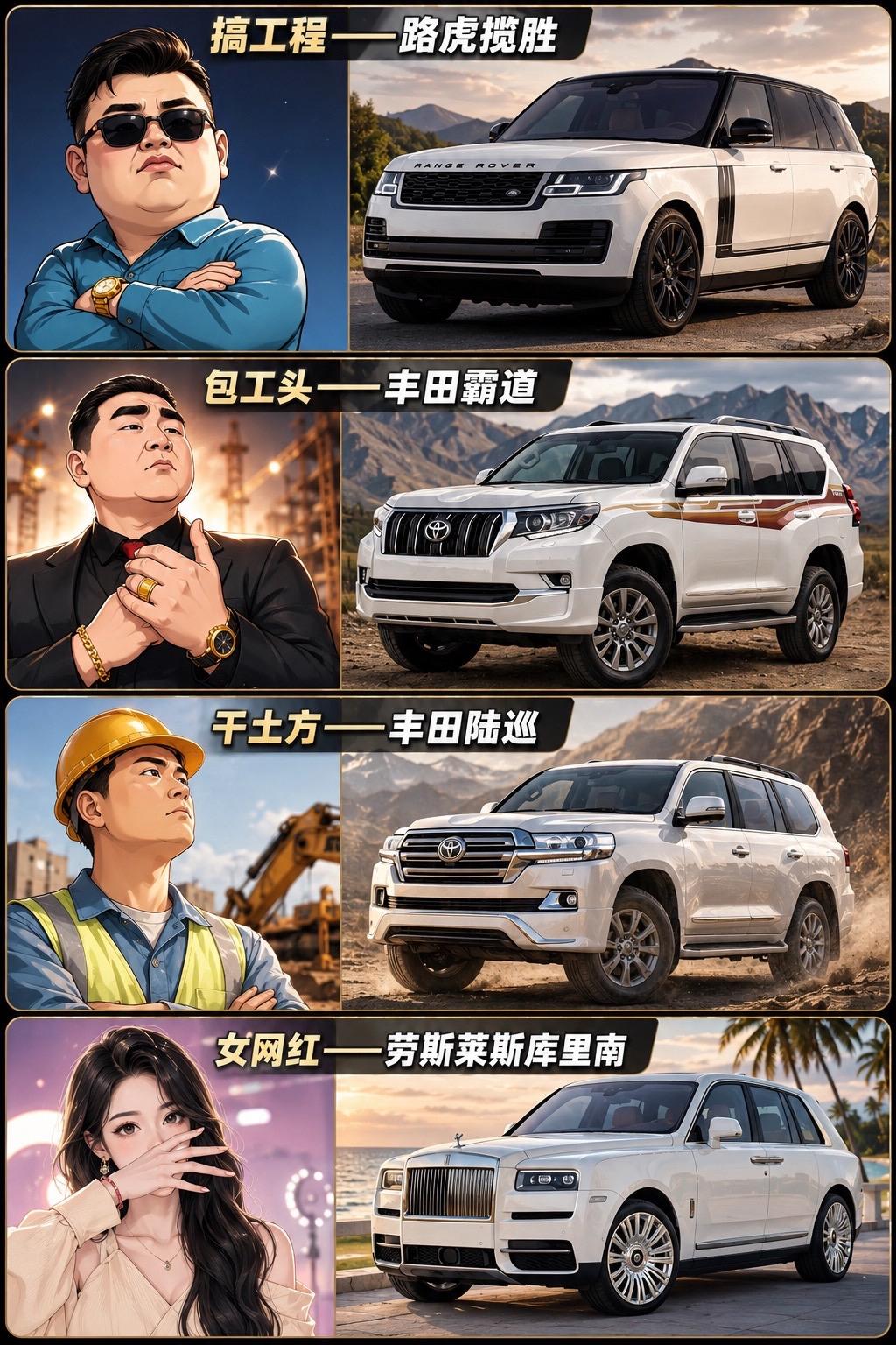 一张图看透车主身份牌
这图把车跟职业的对应关系玩明白了。路虎揽胜一出现，基本就是搞工程的大佬；包工头最爱霸道，干土方的直接上陆巡。最绝的是那台白库里南，简直是女网红出街标配。看着像段子，但放现实里还真挺准。来对号入座，身边开这些车的都是这路子不？【来自懂车帝车友圈】