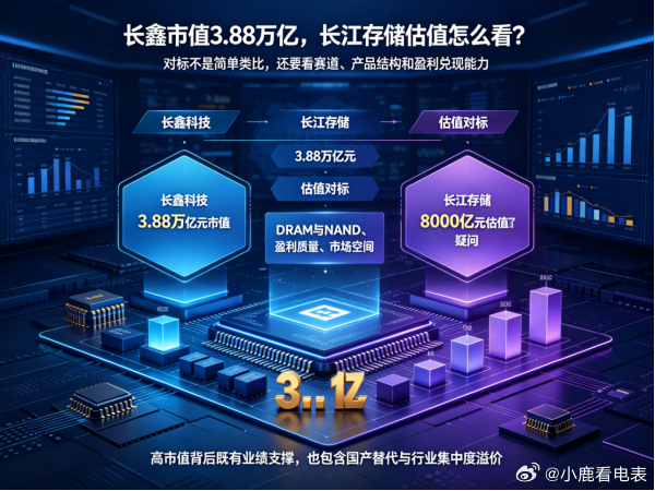 标题3000亿估值，长江存储能冲8000亿吗
刚刚传来大消息：长江存储IPO申请8月21日获上交所正式受理，拟募资330个亿，刷新科创板纪录。招股书显示发行估值约2750亿-3300亿元，市场预测上市后市值有望冲到5000亿-8000亿元。
但对标已上市的长鑫科技，8月21日收盘市值达3.88万亿元。长江存储Q1营收470.42亿 ​