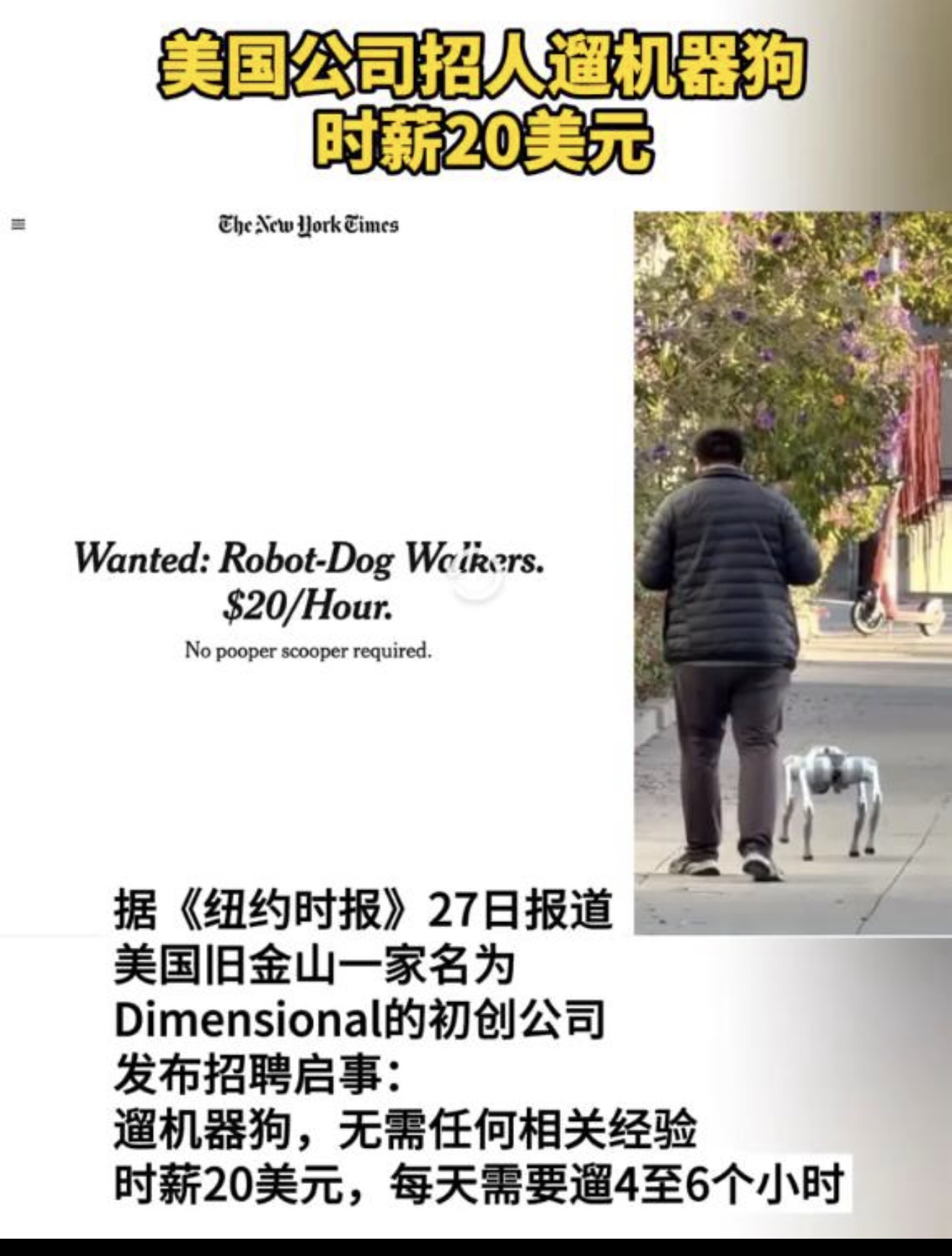 旧金山初创公司 Dimensional 在脸书湾区招聘群发帖（现已删除），招机器狗操作员，俗称“遛机器狗”：

	●	薪资：时薪20美元，单次上路4–6小时

	●	设备：宇树Unitree四足机器狗，单机售价约2000美元，重约33磅（15kg）

	●	门槛：无需机器人相关经验，上岗提供培训；硬