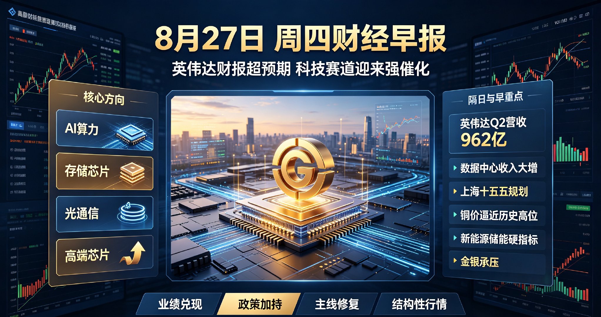 8月27日 周四财经早餐

隔夜全球市场整体偏震荡，英伟达炸裂财报成为最大利好，Q2营收、利润全部翻倍，数据中心算力收入超预期，同时上调三季度业绩指引，彻底坐实AI高景气，对A股算力、存储、光通信板块形成强力托底。

产业政策方面，上海发布“十五五”新兴产业规划，重点发力高端芯片、先进封装、A ​