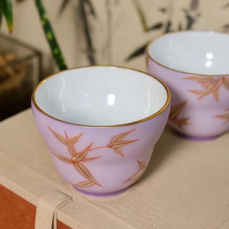手工原创｜紫地竹叶纹折腰杯50ml✨