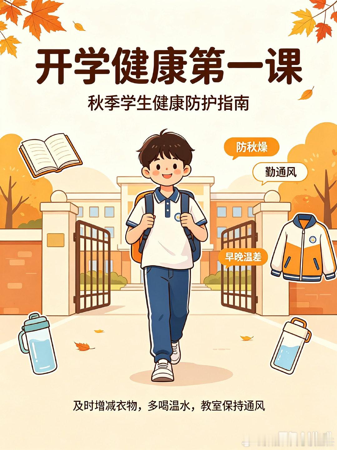 #开学健康第一课##开学第一课# 
新学期铃声响起，夏秋交替，学生群体要格外留意秋季健康防护📚
中国中医科学院广安门医院 关念波医生提醒：
✅早晚温差大，及时增减衣物，教室勤通风，预防呼吸道不适
✅秋燥明显，多喝温水，饮食清淡，切勿盲目大补，保护孩子脾胃
✅逐步调整作息，保证充足睡眠，适度运动，提升自身抵抗力
 
身体状态在线，学习才更有劲头。祝各位同学新学期健康成长✨
 
#开学 ##青少年##生活手记##关念波医生[超话]#