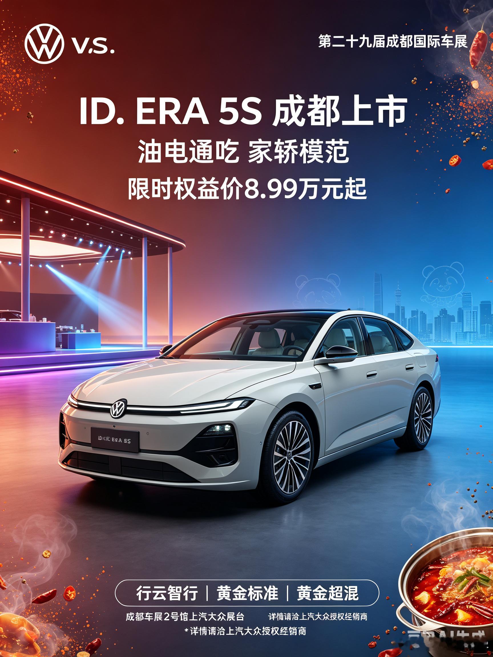 ID.ERA 5S成都车展正式上市🌶
上汽大众ID.ERA 5S亮相成都车展，限时权益价8.99万元起。坚持不造速成车、不造卡线车、不造双标车，价格交个朋友，品质绝不妥协。
 
新车恪守大众黄金造车标准，和旗舰车型同源研发验证，拒绝为赶工期牺牲品质。搭载黄金超混系统，兼顾低能耗与长续航；行云智行带来城市 ​