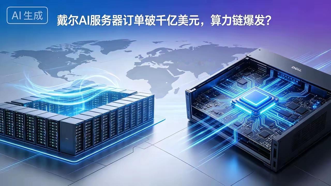 戴尔AI服务器订单近千亿美元！算力链又要爆？这些细分方向值得关注
​单季新增AI订单609亿美元，积压订单飙至950亿美元，全年营收指引猛提至1920亿美元——戴尔这份财报，直接把“算力供不应求”写在了脸上。
​一、业绩炸裂：AI服务器营收翻倍，积压订单同比增8倍
​戴尔2027财年第二季度（截至2026年 ​