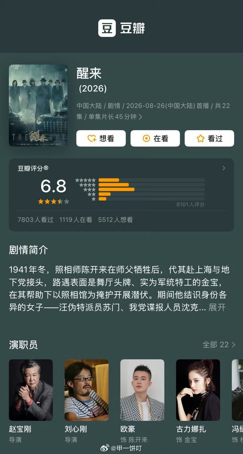 娜扎、冯绍峰、江疏影、欧豪《醒来》豆瓣开分6.8 ​