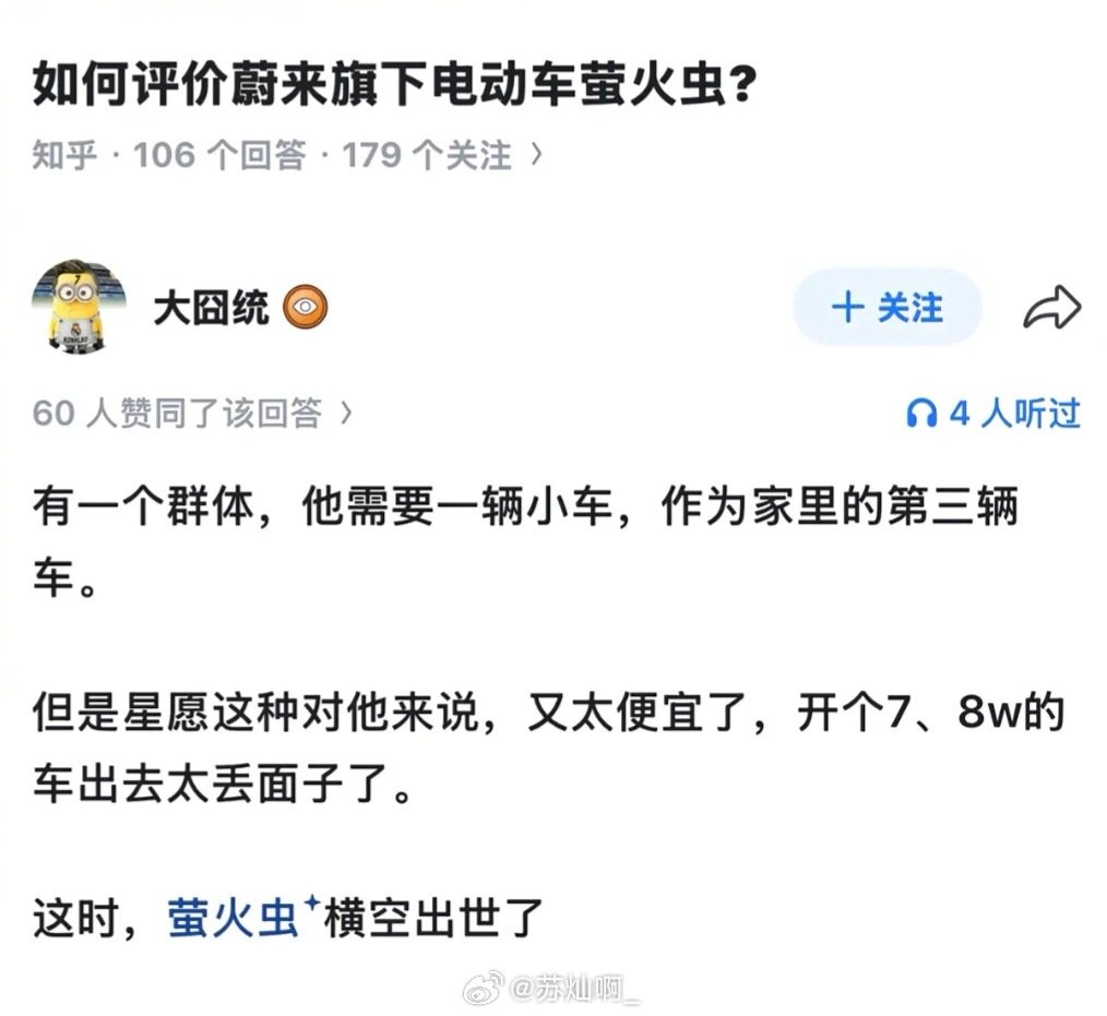 如何评价蔚来旗下电动车萤火虫？ ​