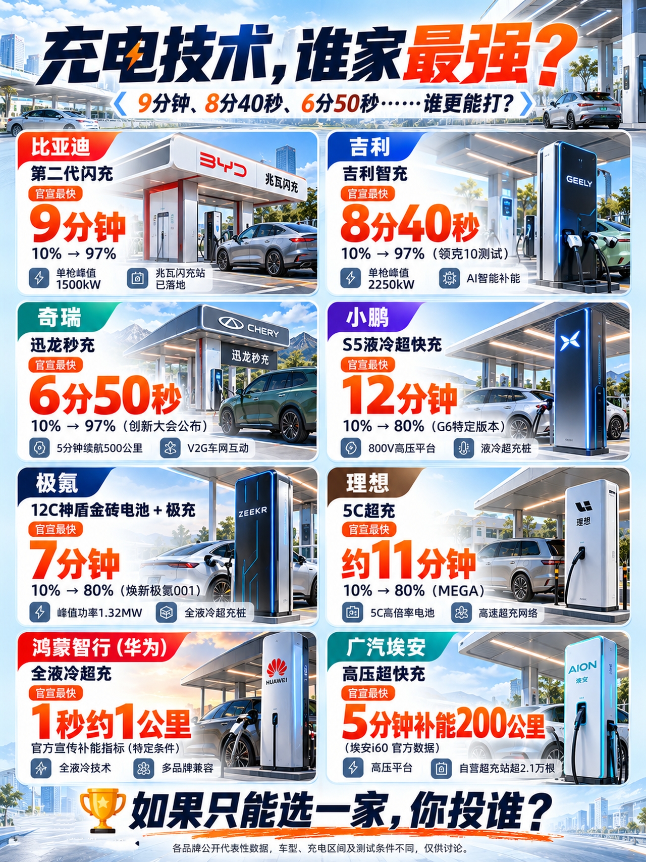 9分钟还是6分50秒？别被数字绕晕了

从3月到10月，补能赛道的发布会密度几乎赶上了车展。比亚迪把“5分钟充好、9分钟充饱”写进主题，吉利亮出2250千瓦的单枪峰值功率，奇瑞公布迅龙秒充“6分50秒充到97%”，其余几家也各有各的秒数。一串数字砸下来，很容易让人产生“去年还要半小时，今年6分钟就够