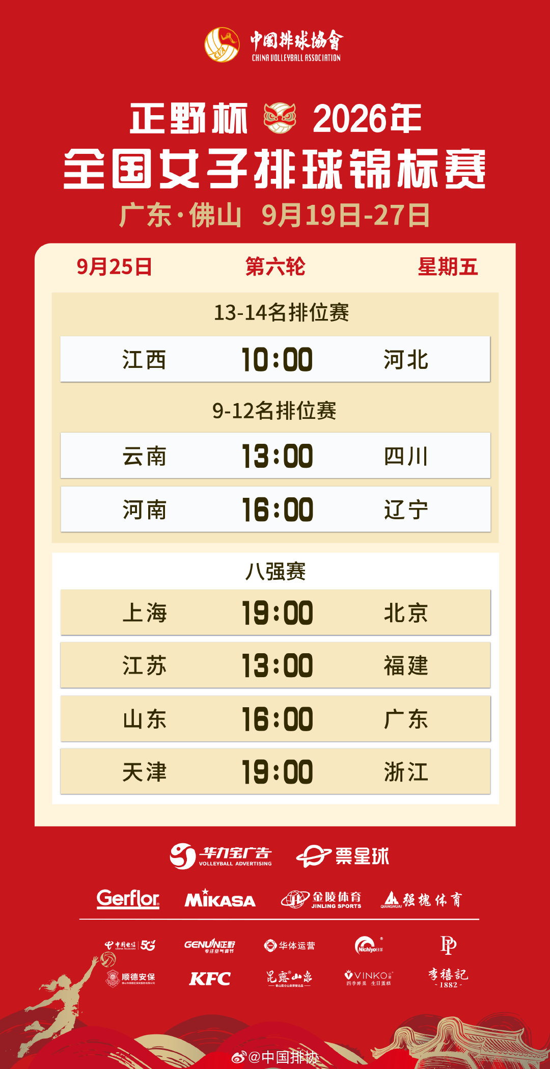 9月25日，正野杯#2026年全国女排锦标赛# 将展开八强赛以及9-12名排位赛、13-14名排位赛的争夺。赛程👇 ​​​
