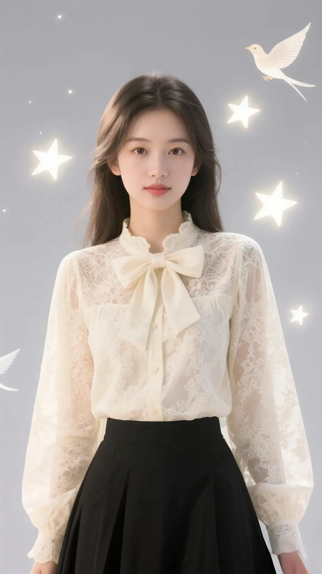 小姐姐身穿米黄色蕾丝衬衫，温柔又精致，仿佛把优雅穿在了身上，自带清甜氛围感