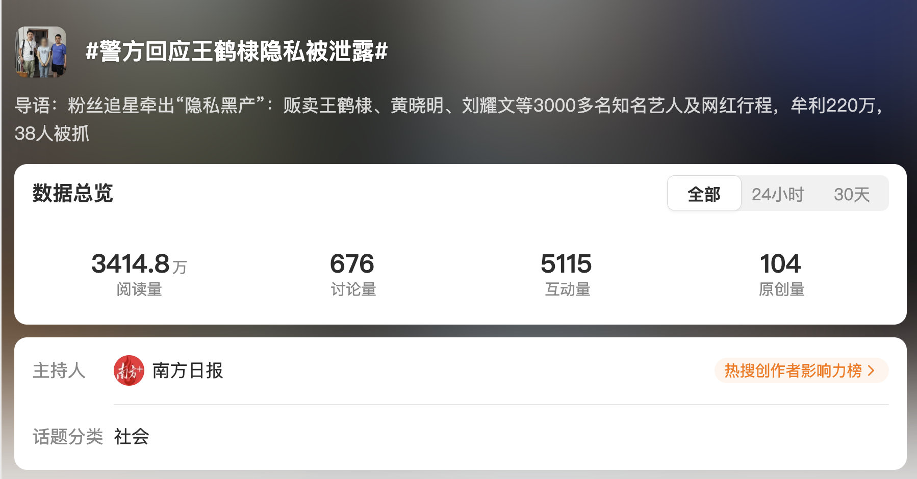 南方日报搞出来的这个话题词真的是脸都不要了#警方回应王鹤棣隐私被泄露# ​​​​