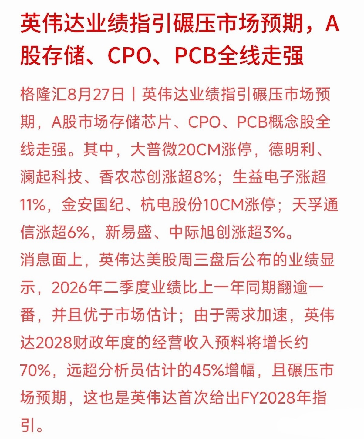 英伟达这次的财报，最核心的看点其实就一个：老黄破天荒提前一年给业绩指引了。
预告2028财年营收还要再涨70%，远超分析师预估的45%。敢提前这么久定调，说明手里的AI算力订单已经排得满满当当。今天咱们A股的存储、CPO和PCB概念跟着暴涨，逻辑也很简单——造AI芯片需要大量的存储内存和电路板支撑，属 ​