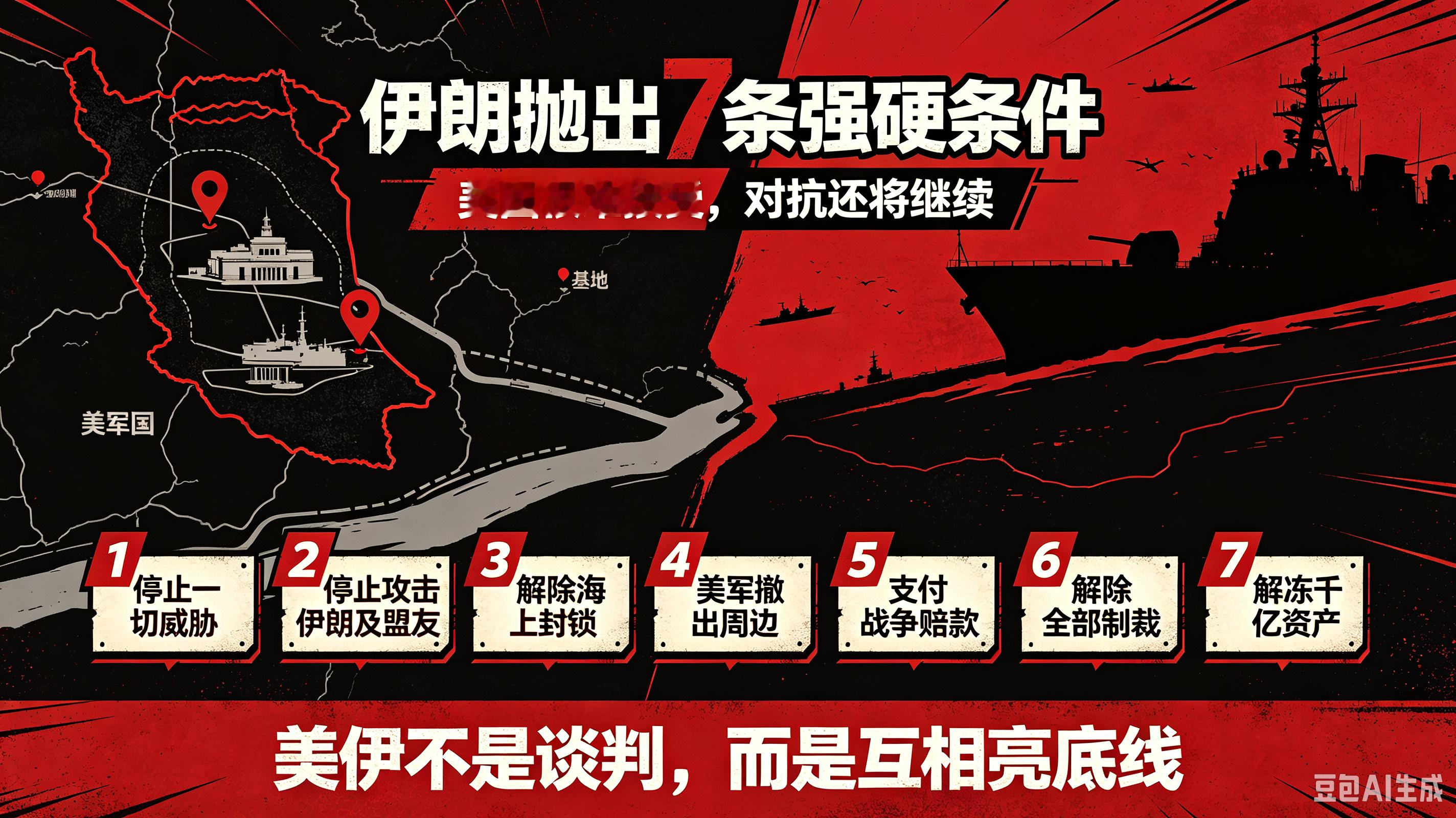 霍尔木兹海峡警报再起，一旦失控，海峡或将永久关闭。伊朗抛出7大谈判底线！美伊根本谈不拢。
伊朗亮出7条强硬谈判条件：
1、停止所有对伊威胁
2、不再攻击伊朗及其盟友
3、解除海上封锁
4、美军撤出伊朗周边
5、赔付战争赔款
6、取消全部制裁
7、解冻千亿冻结资产
这套底线相当于重新回到8月的谈判框架