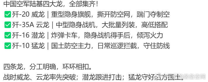 中国空军战机代号不是随便取的，每型战机都有对应任务安排，空军四条龙各职其责。#歼35A代号云龙# ​
