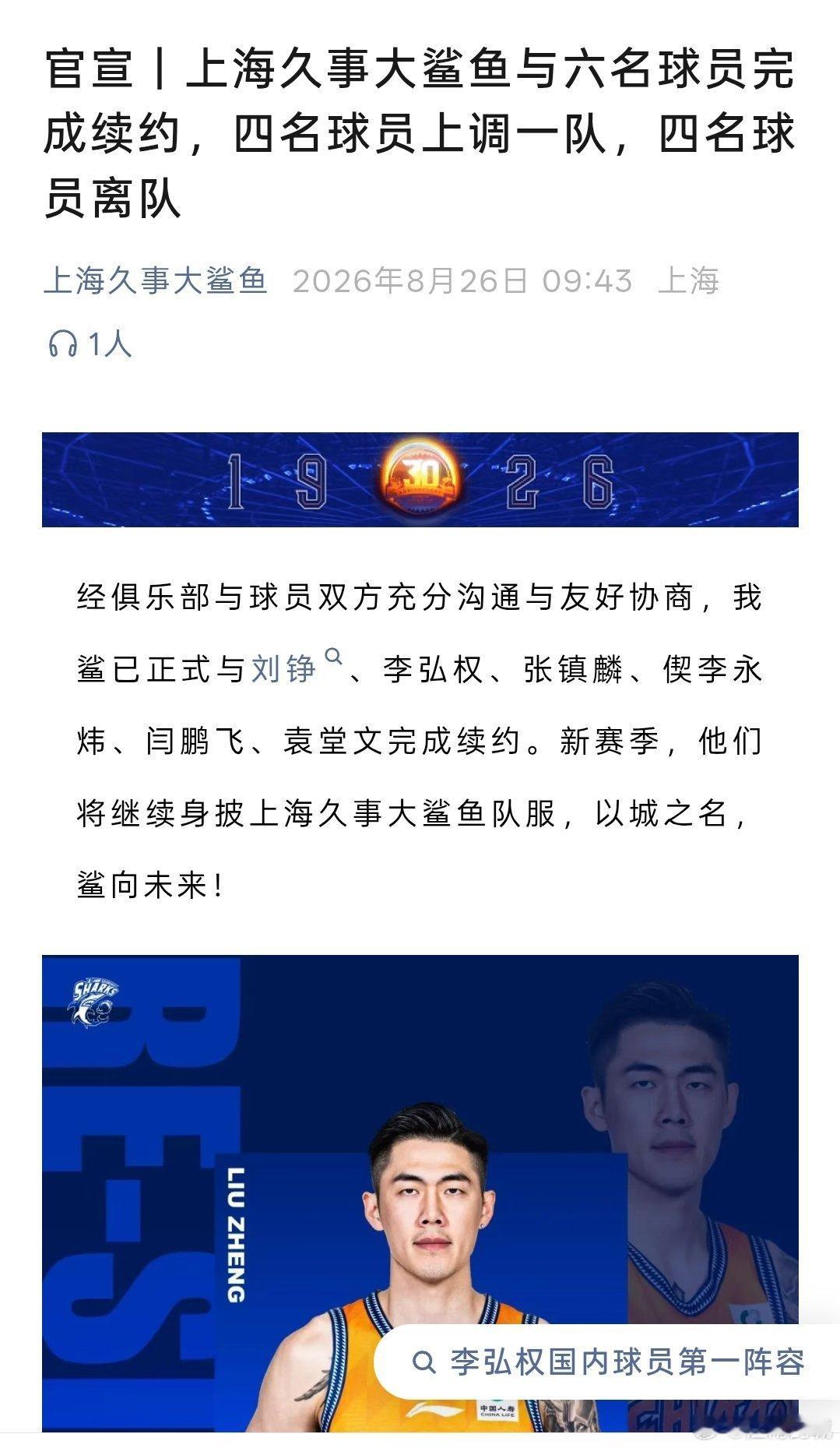上海男篮官宣与六名球员续约，上调四名球员上一队，四人离队。

#cba# ​