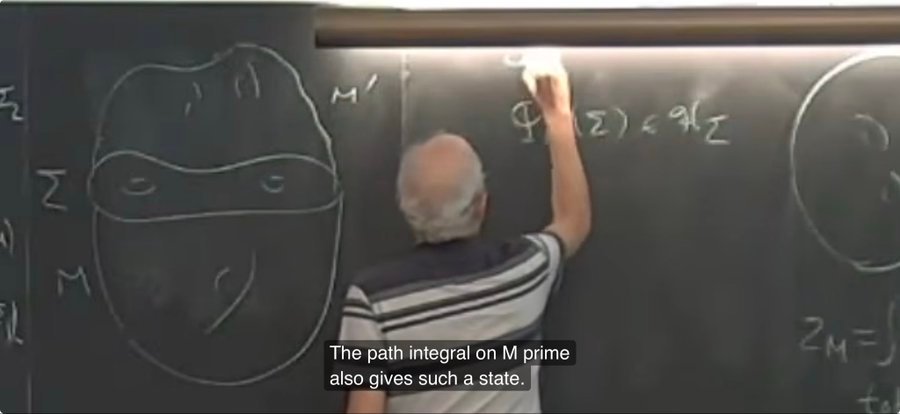 数学meme 为什么爱德华·威腾在讨论拓扑场论时画了一只忍者神龟（黑板左侧）？我很确定那是拉斐尔~[哈哈]截图来自我以前发过的IAS系列讲座  ​​​