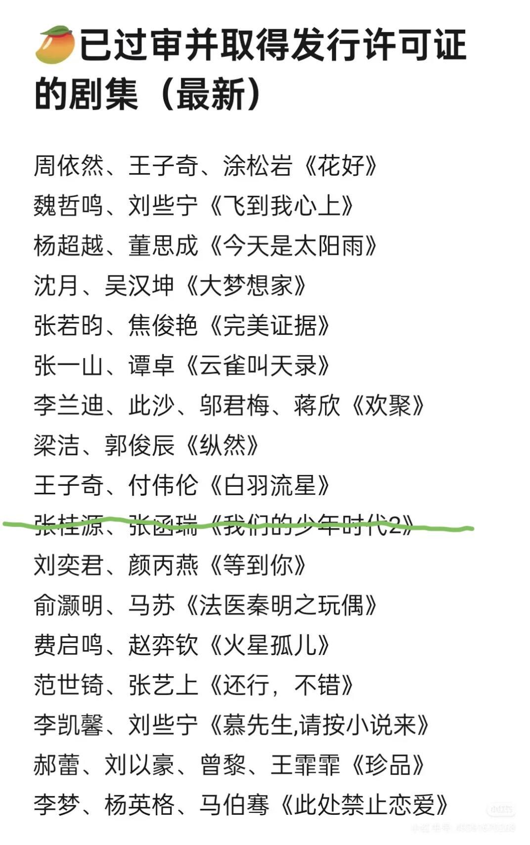 🥭已过审并取得发行许可证的剧集（最新）
周依然、王子奇、涂松岩《花好》
魏哲鸣、刘些宁《飞到我心上》  （即将播出）
杨超越、董思成《今天是太阳雨》
沈月、吴汉坤《大梦想家》
张若昀、焦俊艳《完美证据》
张一山、谭卓《云雀叫天录》
李兰迪、此沙、邬君梅、蒋欣《欢聚》
梁洁、郭俊辰《纵然》 ​