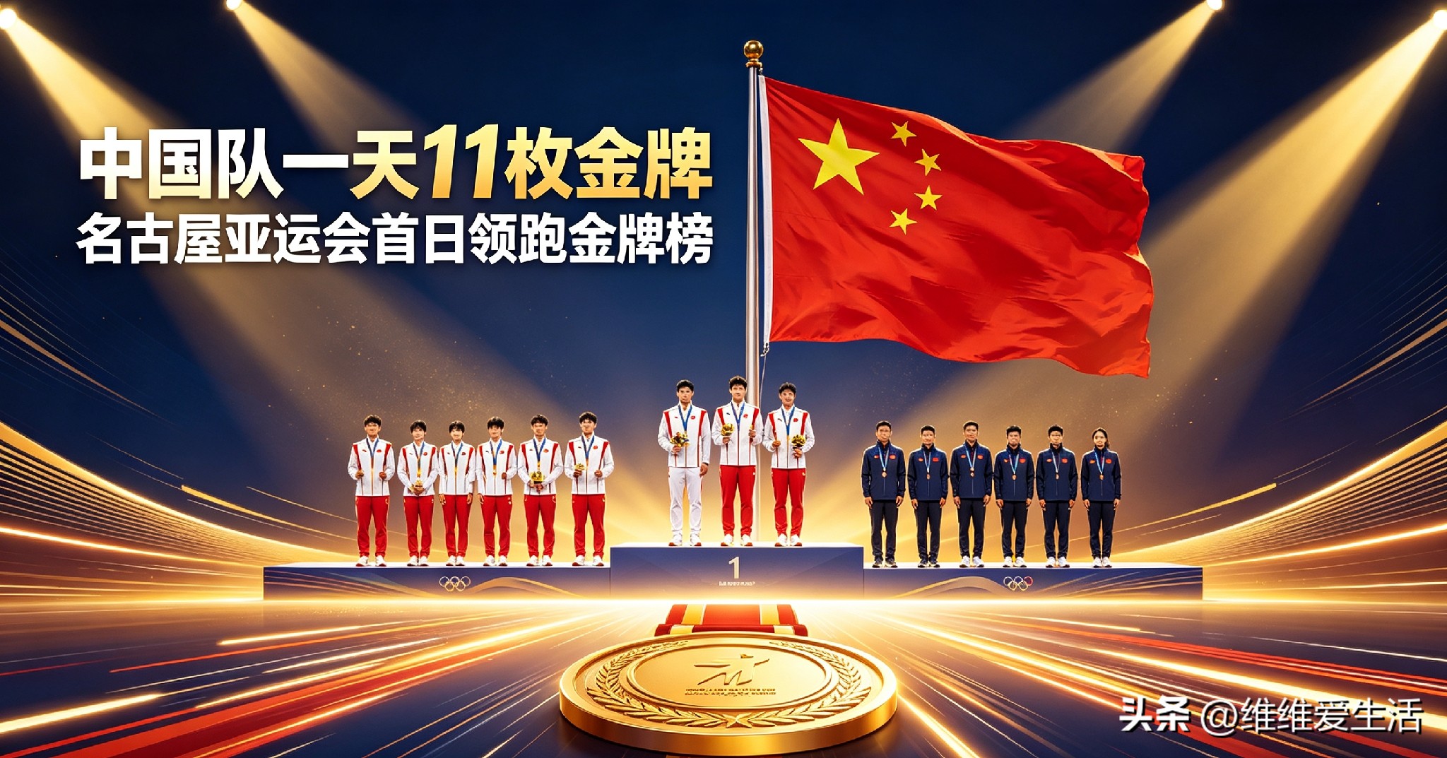 名古屋亚运会首日，中国队单日豪取11枚金牌领跑榜单
 
名古屋亚运会开赛首日，赛场捷报接连传来，中国代表团火力全开，单日斩获11枚金牌，外加6枚银牌、3枚铜牌，总计20枚奖牌，稳居金牌榜第一位，展现出强劲的竞技实力 。
 
本届亚运会的首金，诞生在现代五项女子团体赛场。张明煜、吴希瑶、付静、孟鑫四位