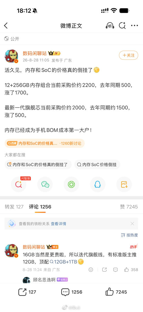 这波手机涨价可能比想象中更猛，光芯片和SoC相关成本，一年就多了至少2200元，9月新品涨价而且是大涨基本板上钉钉。

按这个幅度算，第一波旗舰小米18 Fold起售价不好整了，已知MIX Fold 4当初卖8999起，18 Fold应该会涨3000左右，估计起售价得破1.2W了。  #内存和SoC的价格真的倒挂了# ​