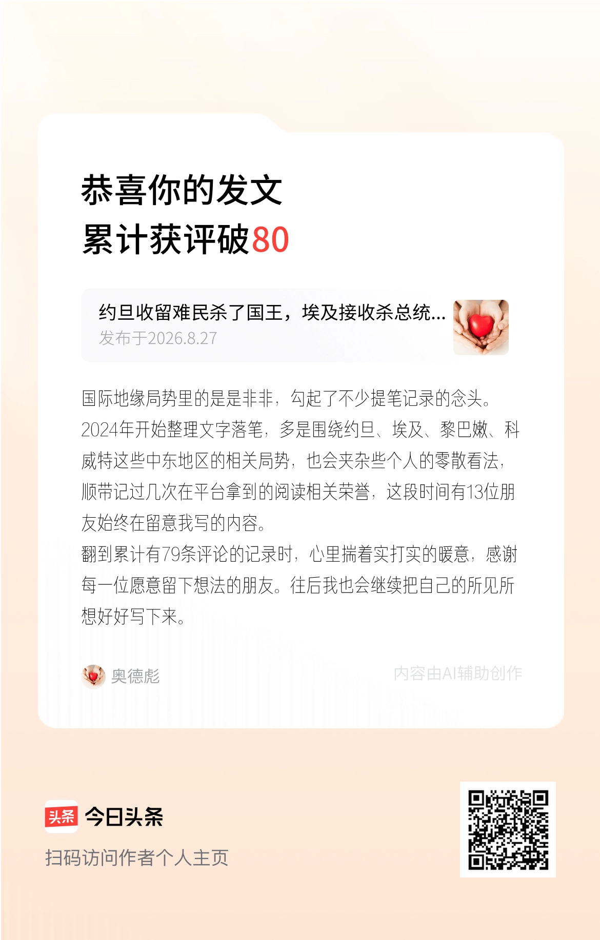 国际地缘局势里的是是非非，勾起了不少提笔记录的念头。2024年开始整理文字落笔，多是围绕约旦、埃及、黎巴嫩、科威特这些中东地区的相关局势，也会夹杂些个人的零散看法，顺带记过几次在平台拿到的阅读相关荣誉，这段时间有13位朋友始终在留意我写的内容。
翻到累计有79条评论的记录时，心