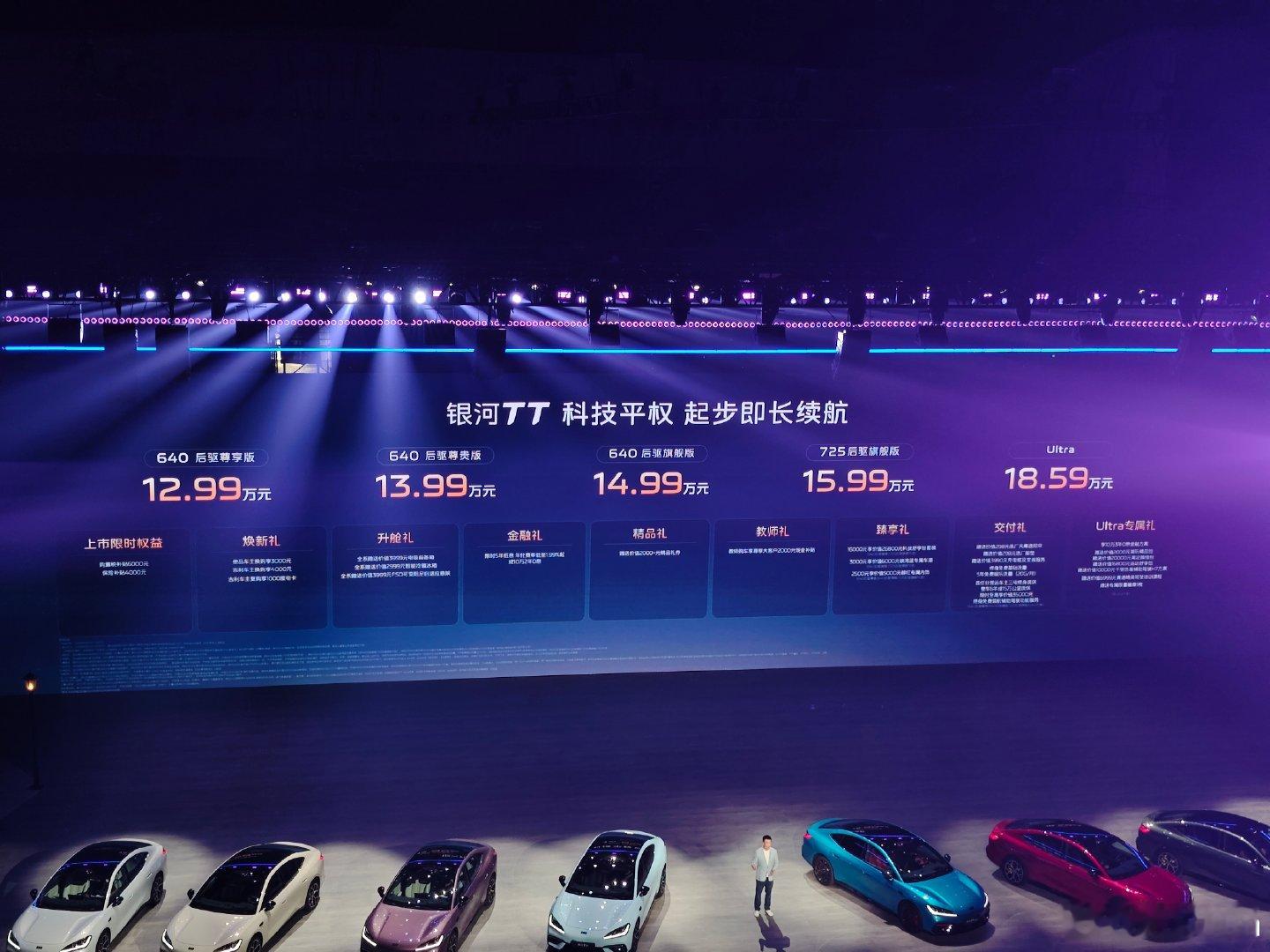 吉利银河TT正式上市，限时起售价12.99万元！车身尺寸为4999×1919×1479mm，轴距2920mm。车内配备15.4英寸2.5K中控屏、10.2英寸仪表和25.6英寸AR-HUD三屏联动系统，采用Flyme Auto 2代座舱设计。#吉利银河tt# ​