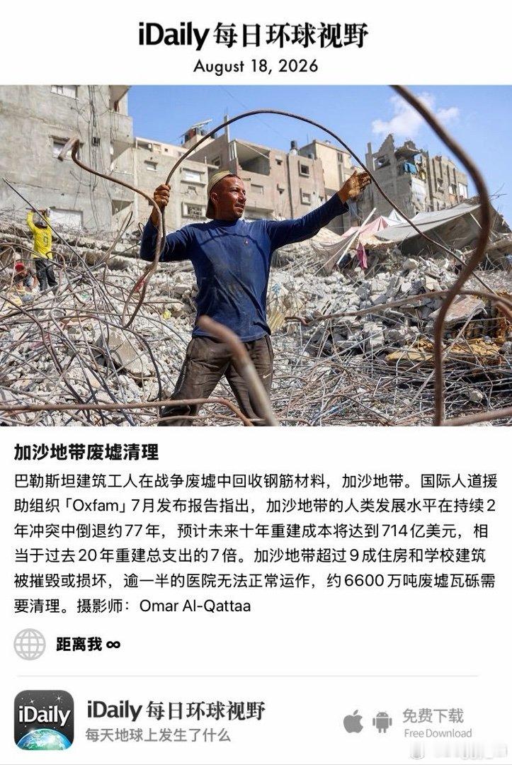August 18, 2026 - 巴勒斯坦建筑工人在战争废墟中回收钢筋材料，加沙地带。国际人道援助组织「Oxfam」7月发布报告指出，加沙地带的人类发展水平在持续2年冲突中倒退约77年，预计未来十年重建成本将达到714亿美元，相当于过去20年重建总支出的7倍。加沙地 ​