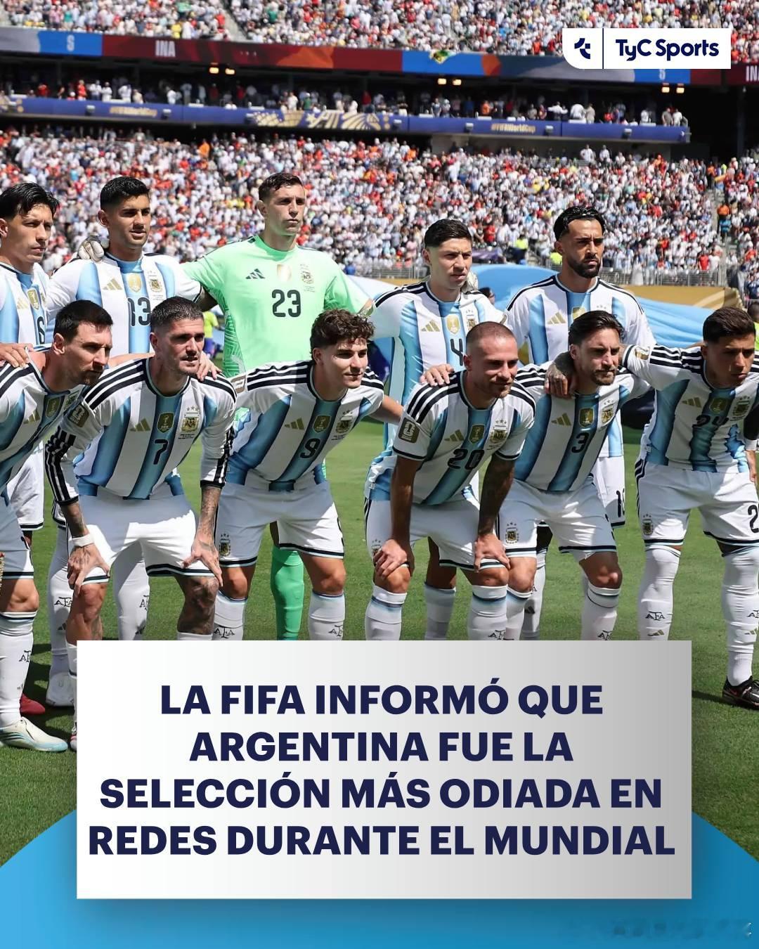 #阿根廷成2026世界杯最被恨球队#阿媒TYC：根据FIFA官方报告，阿根廷队是2026世界杯遭遇仇恨信息最多的球队。

该研究由社交媒体保护服务在世界心理健康日前夕进行，分析了2026年6月9日至7月20日期间X、Instagram、Facebook和TikTok上超过1710万条帖子和评论。

针对阿根廷队，最集中的话题是所谓“裁判 ​