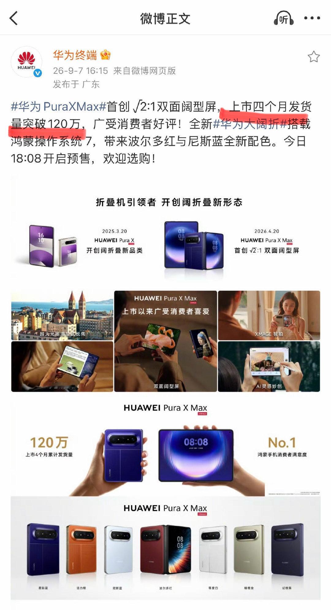 华为Pura X Max上市4个月发货量突破120万台! ​