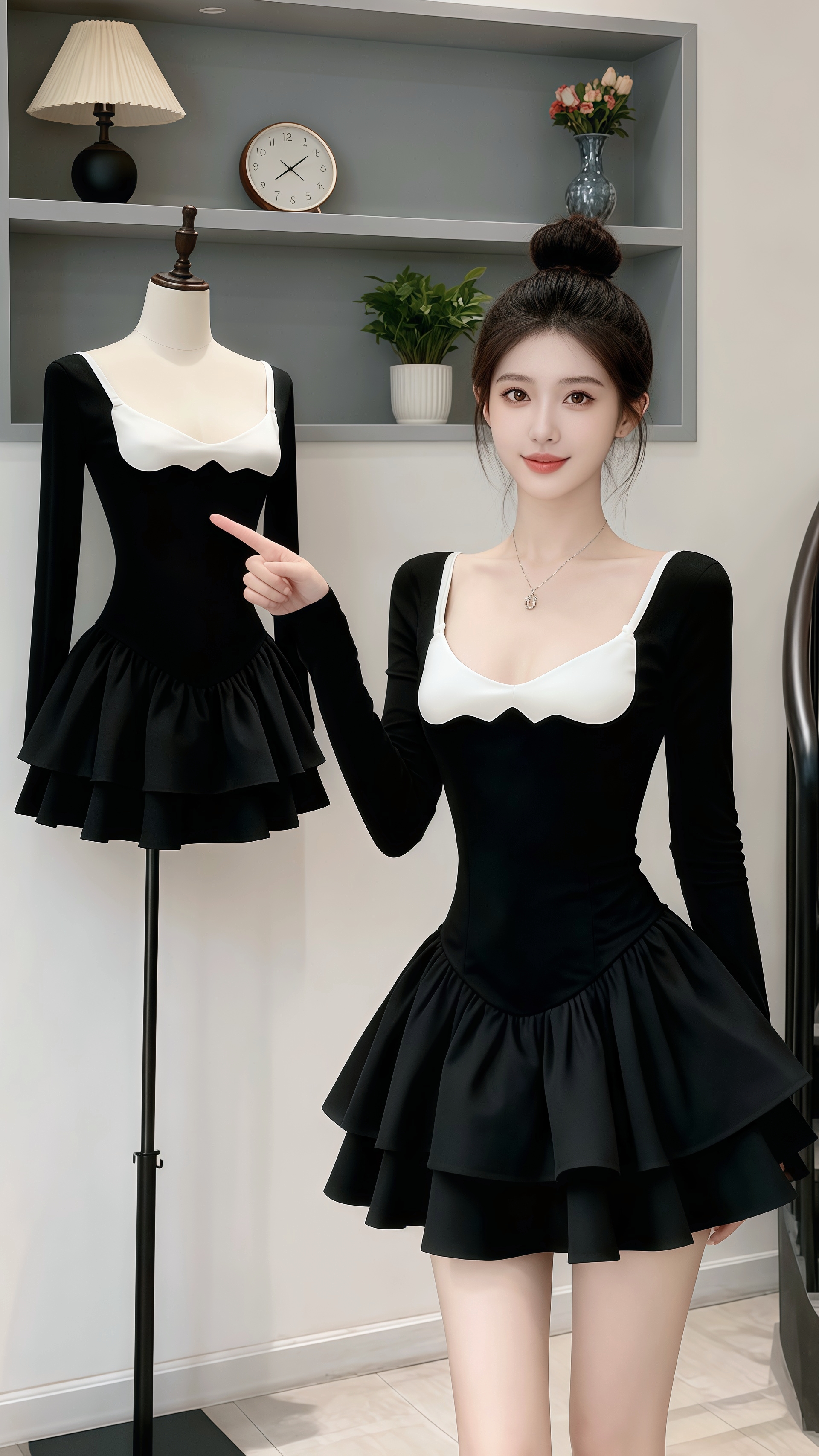 在简约雅致的空间里，许妍如优雅的黑天鹅，黑白撞色的裙装勾勒出曼妙身姿...