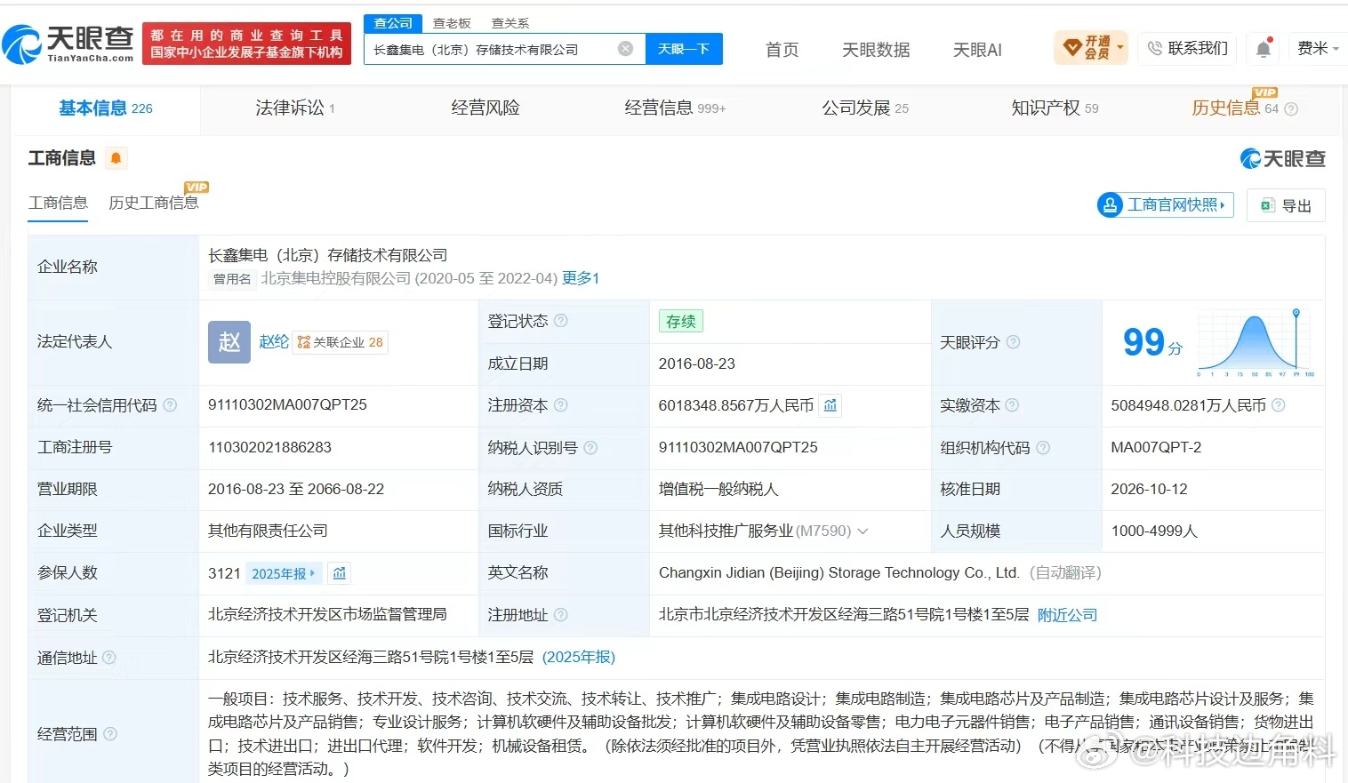 【#长鑫科技旗下北京集电存储技术公司增资至约601.8亿##长鑫科技旗下北京集电存储技术公司增资约18%##长鑫科技旗下北京集电存储技术公司增资超93亿#】天眼查App显示，近日，长鑫集电（北京）存储技术有限公司发生工商变更，注册资本由约508.5亿人民币增至约601.8亿人民币。

该公司成立于2016年8月，法 ​